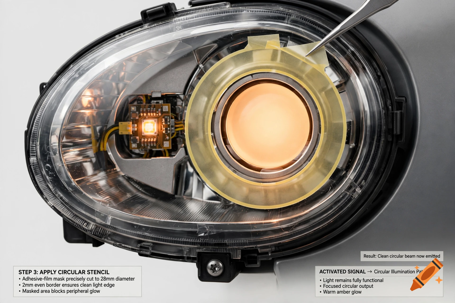 Close-up photorealistic image of a car headlight being modified with a circular stencil and adhesive film using tweezers.