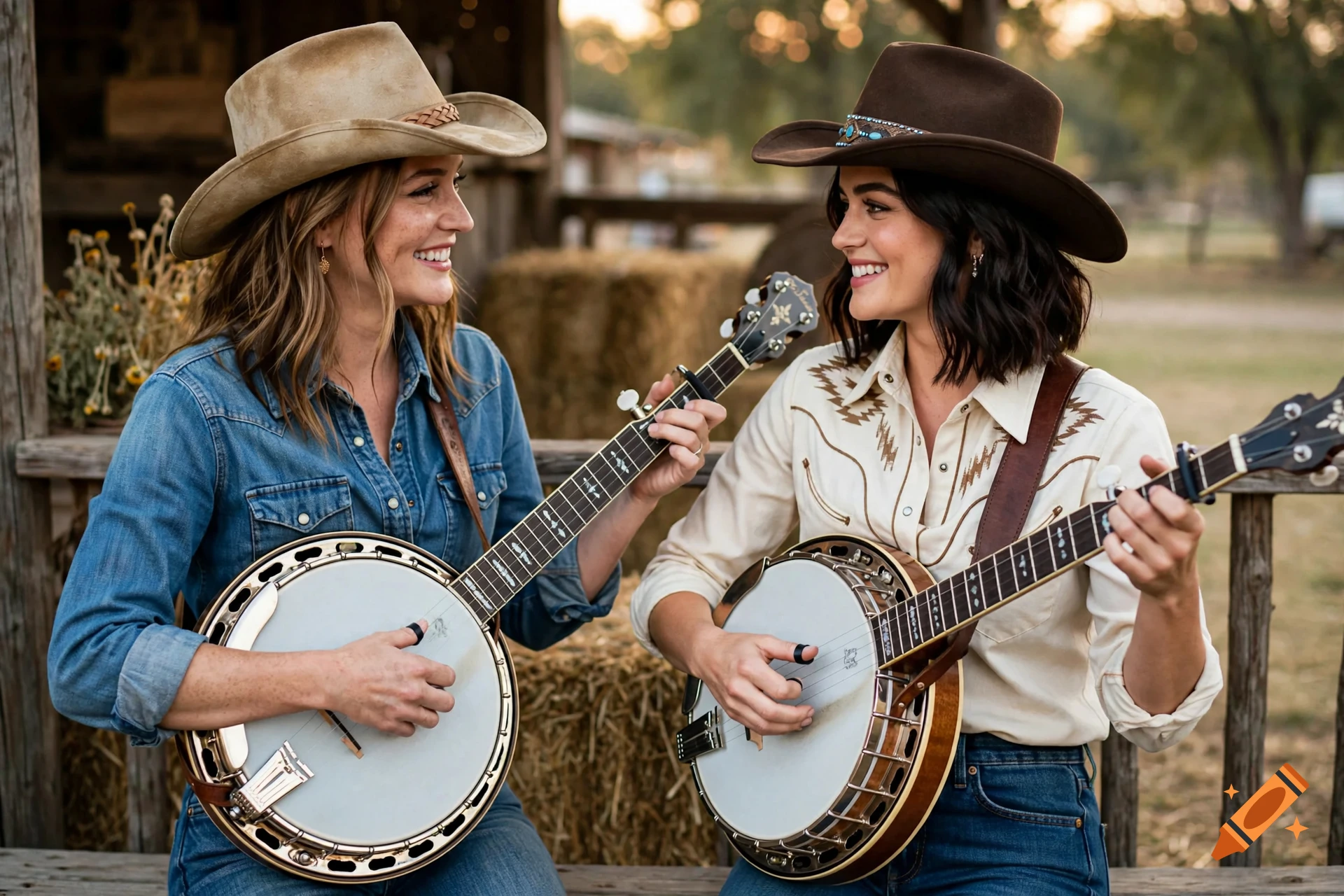 Two women wearing cowboy hats smiling and playing banjos outdoors in a rustic setting, photorealistic.