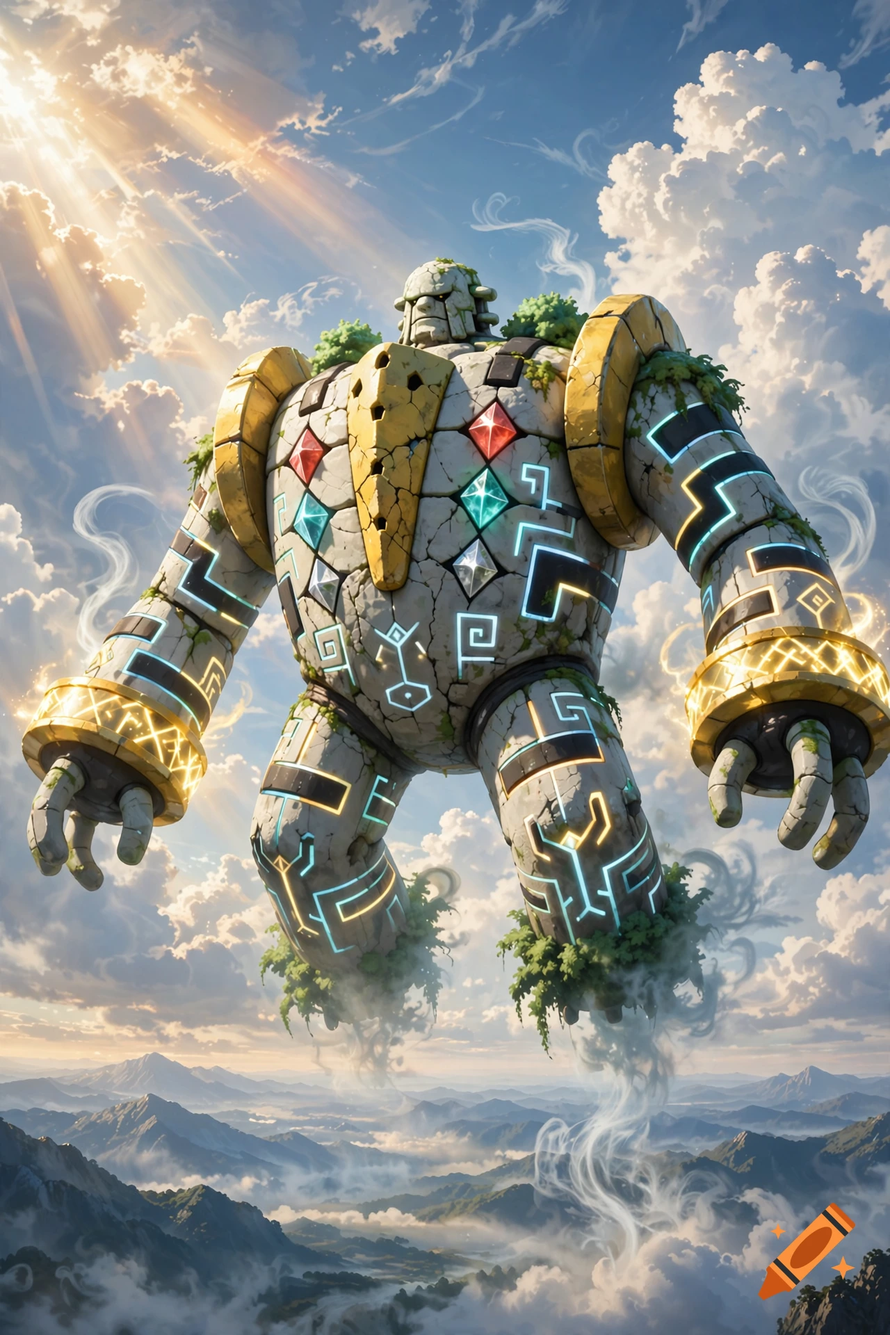 A giant stone Regigigas titan floating in the cloudy sky above mountain peaks, digital art style.