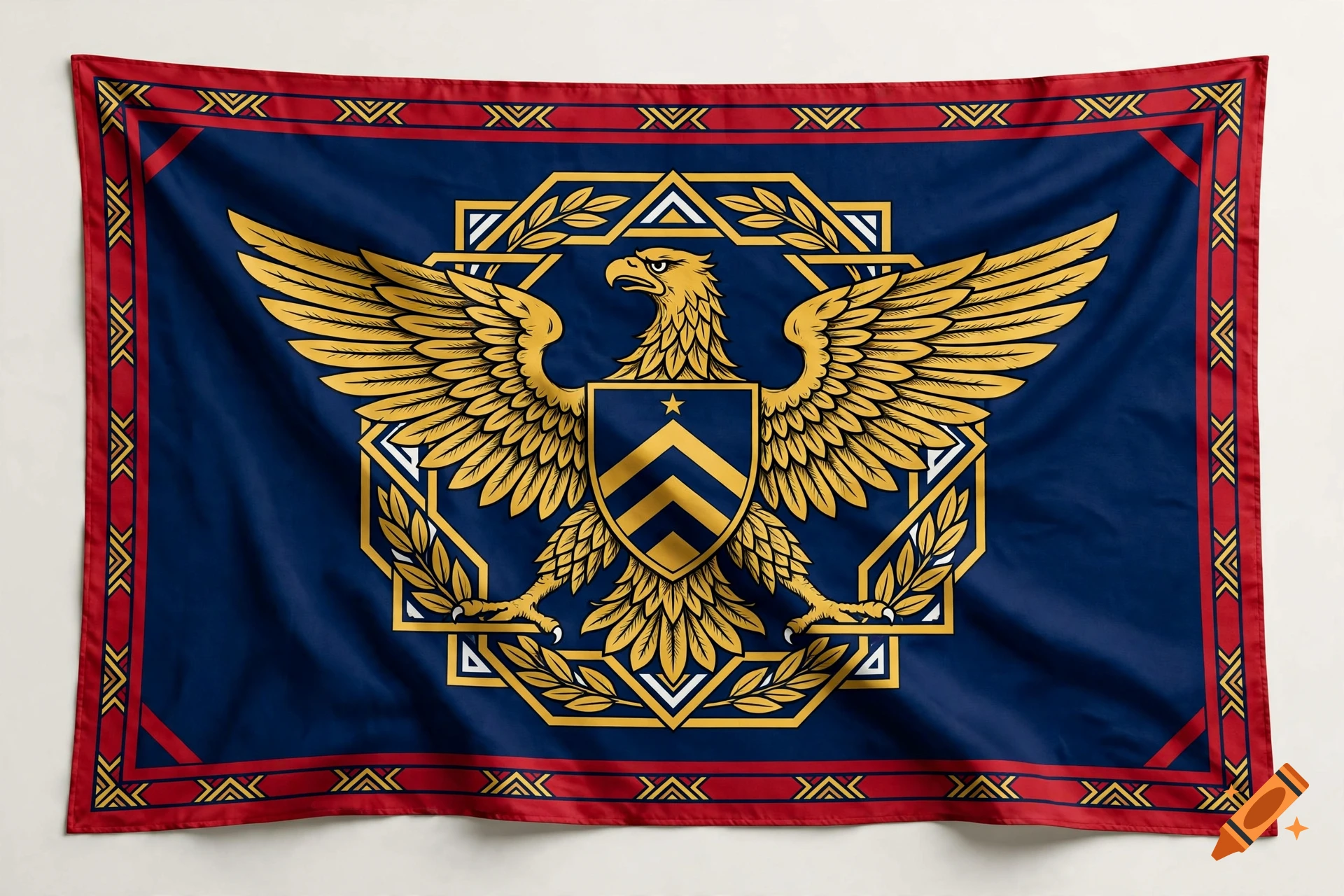 A detailed military state flag featuring a golden eagle, shield, and geometric patterns in blue, red, and gold, hanging against a plain background.