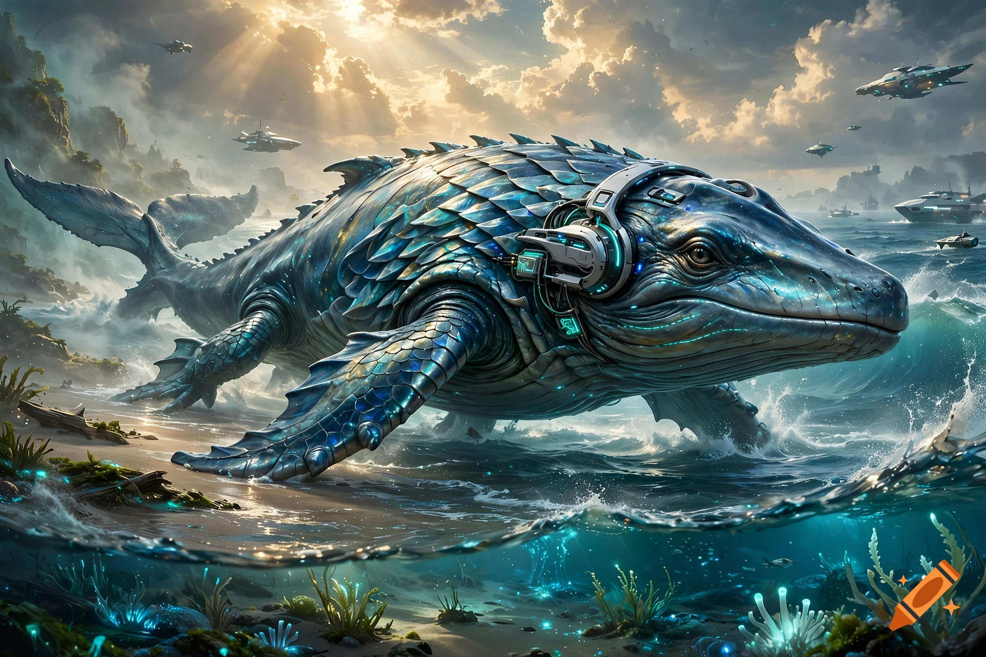 Futuristic armored whale with webbed feet and headphones crawling onto a beach with flying ships in the sky.