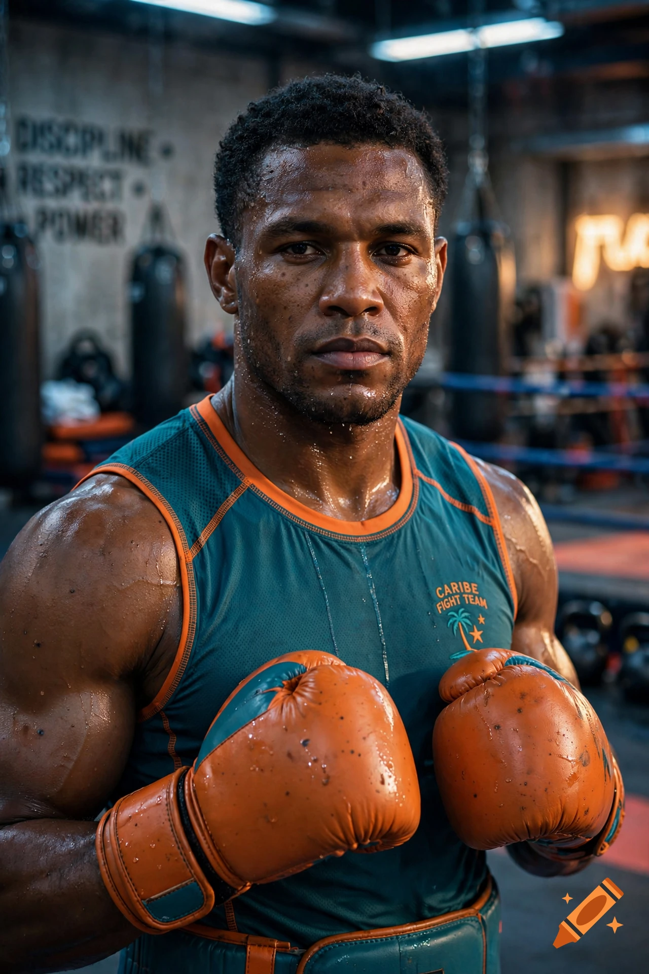 Photorealistic portrait of a sweaty Caribbean kickboxer wearing teal and orange gear and boxing gloves in a gym.