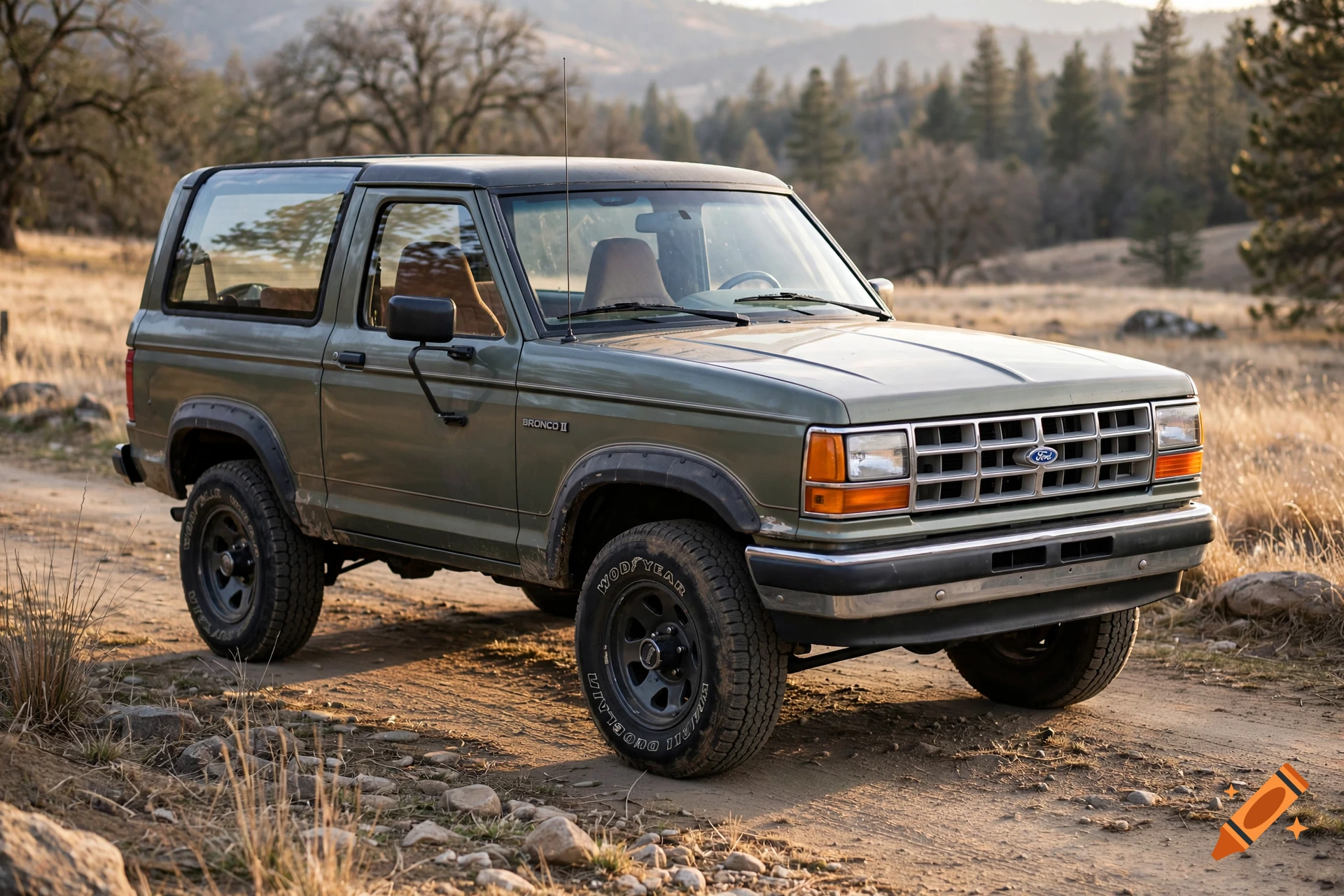 Photorealistic image of a vintage green Ford Bronco II parked on a dirt road in a wooded, hilly landscape.
