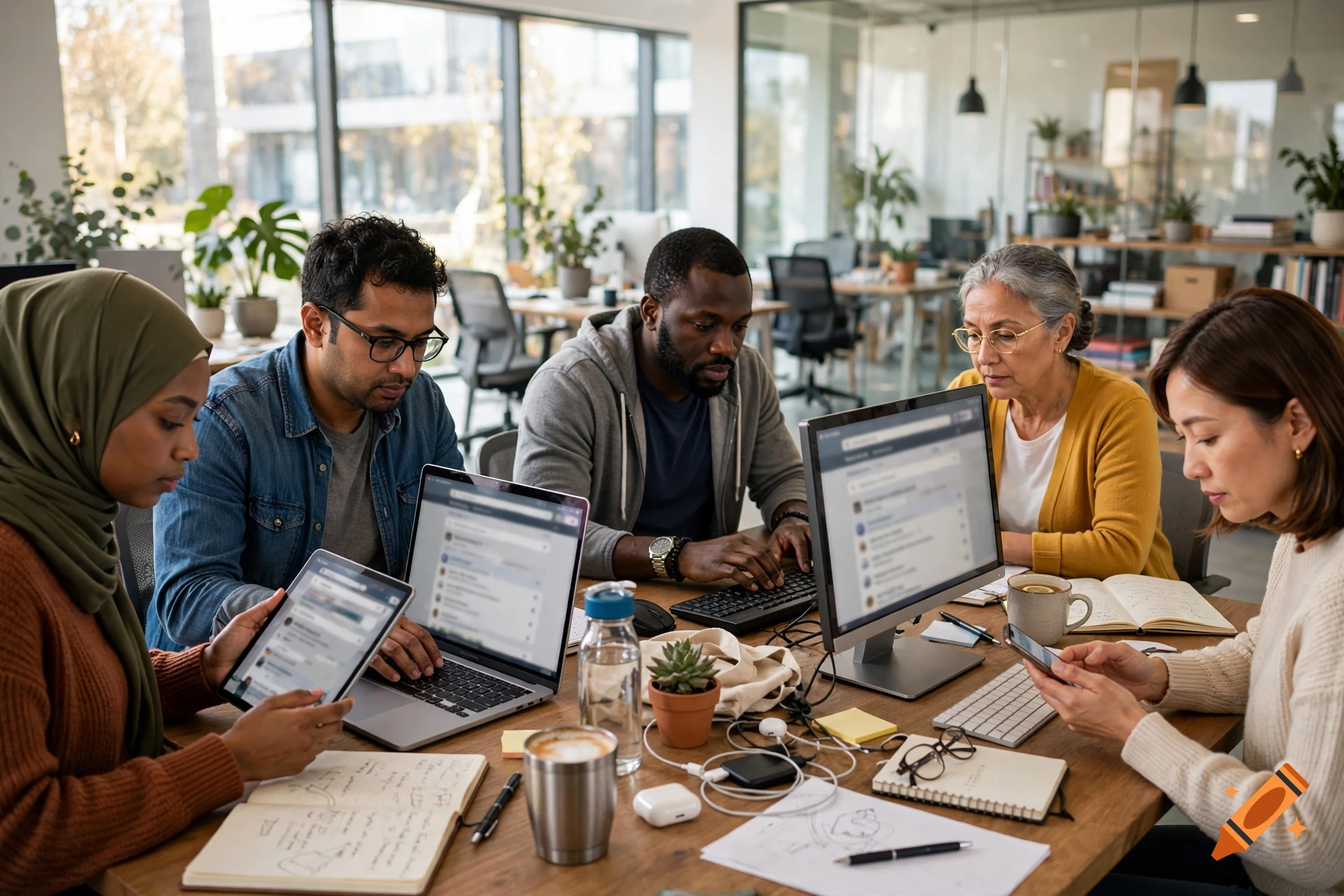 Diverse group of five people working together around a wooden table in a modern office, using laptops, tablets, and a desktop computer.
