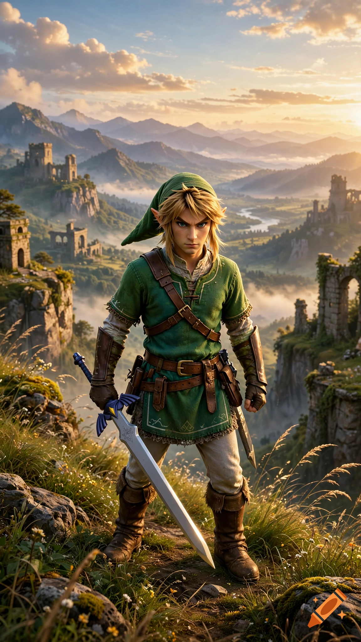 Link from The Legend of Zelda holding the Master Sword, standing on a cliff overlooking a fantasy valley with ancient ruins at sunset.