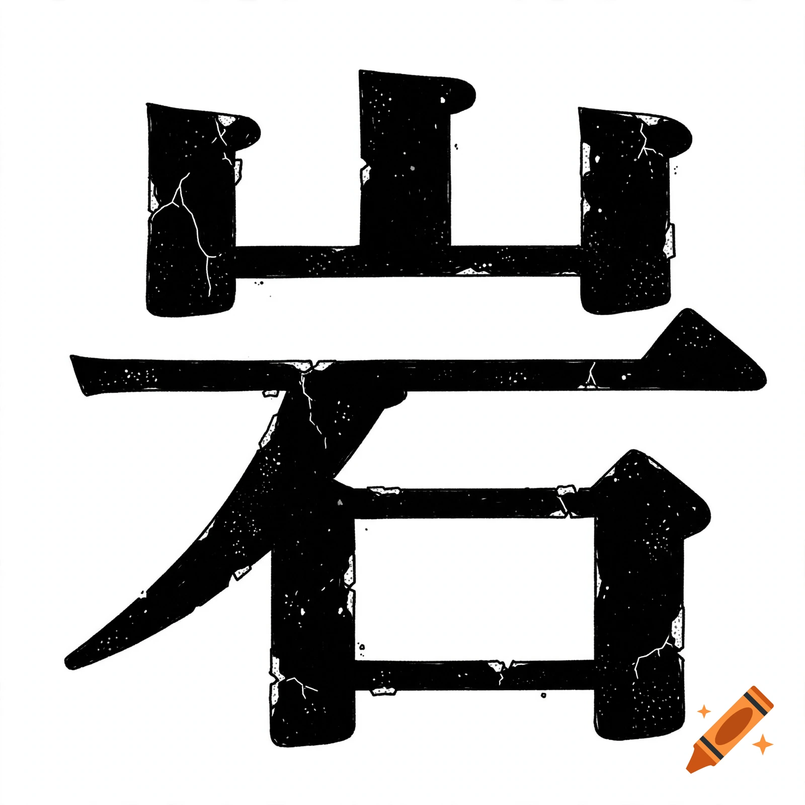 Bold black Japanese kanji character 'iwa' (rock) with cracked texture on a white background.