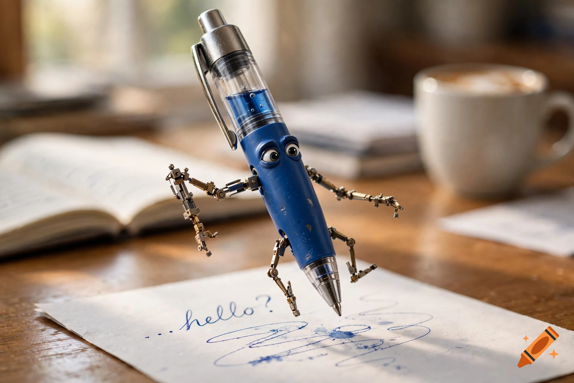 Photorealistic 3D render of a blue mechanical pen with little metal legs and expressive eyes coming to life, writing 'hello?' on a piece of paper on a wooden desk.