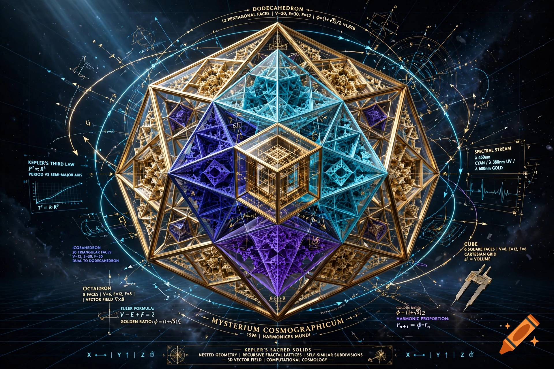 Complex fractal nested geometric shapes resembling sacred solids surrounded by technical diagrams and scientific formulas.