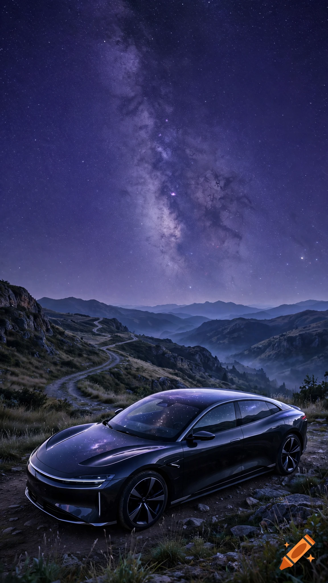 A sleek dark car parked on a mountain trail under a vibrant purple starry night sky with the Milky Way.