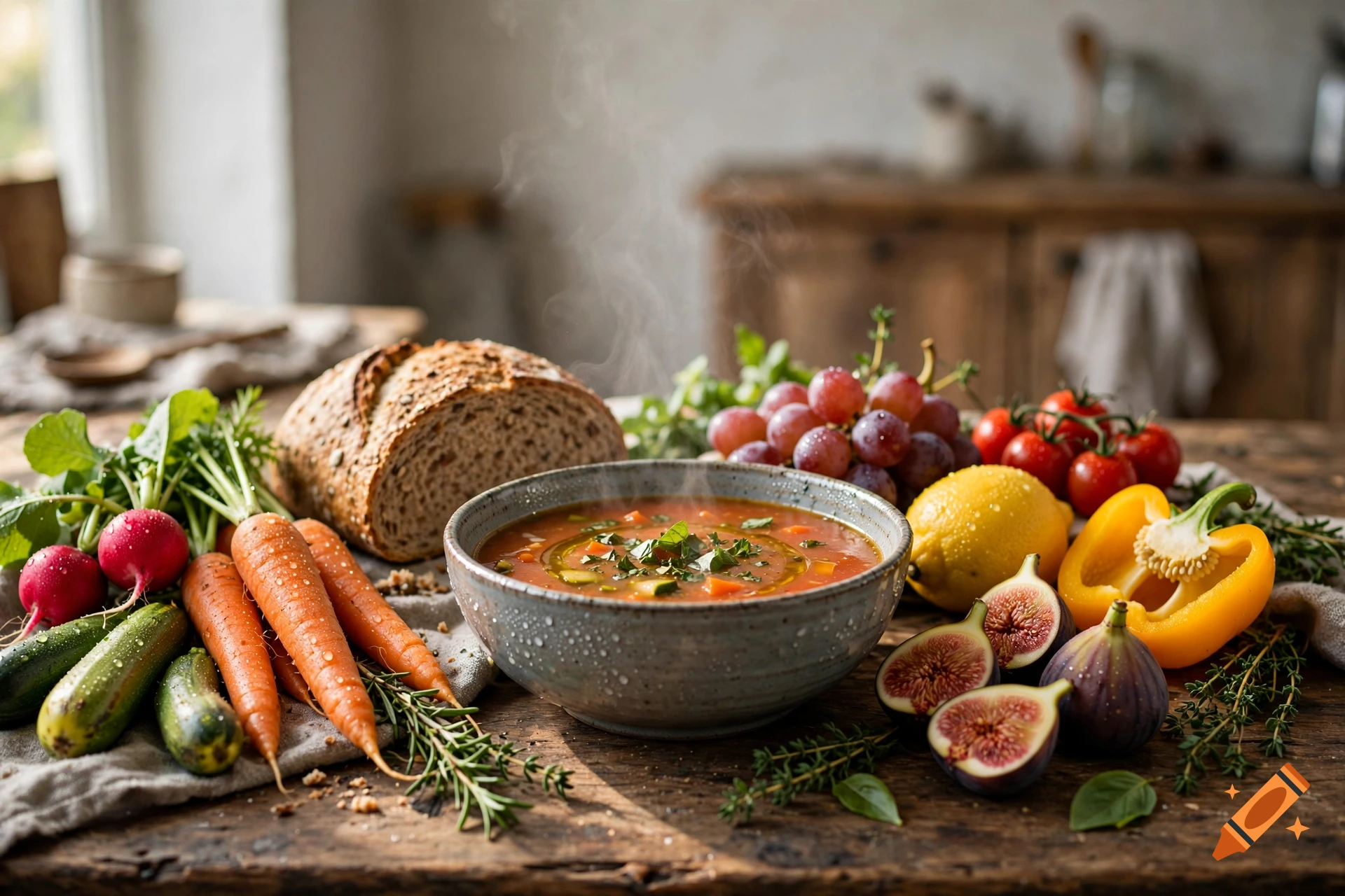 Photorealistic arrangement of fresh vegetables, bread, soup bowl, fruits, and herbs on a rustic wooden table.