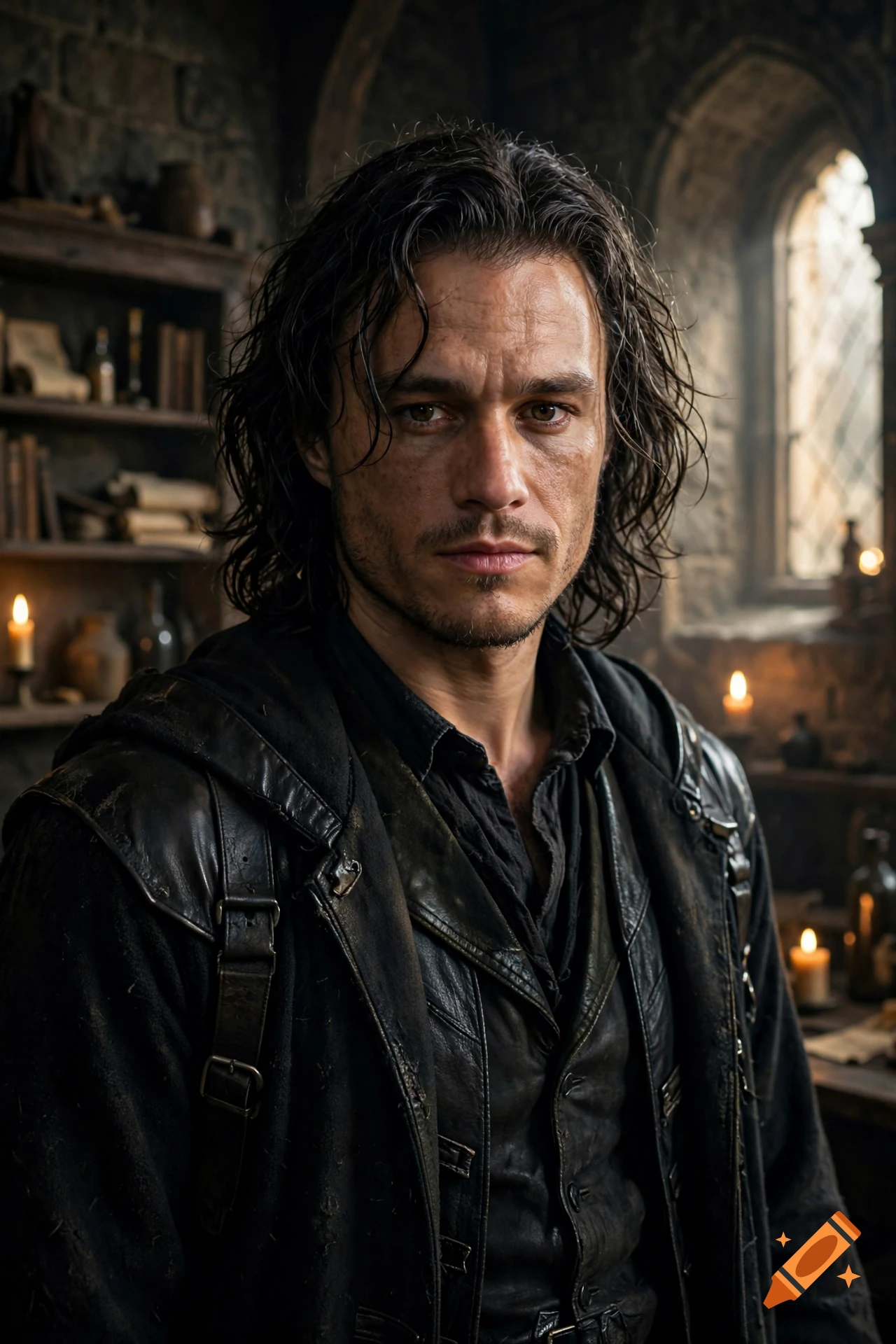 Photorealistic portrait of a man with dark wavy hair and a leather coat in a dimly lit medieval room.