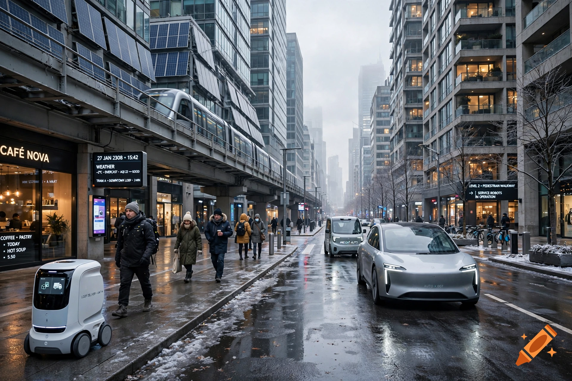 Futuristic city street with pedestrians, autonomous vehicles, and an elevated train on a wet winter day.