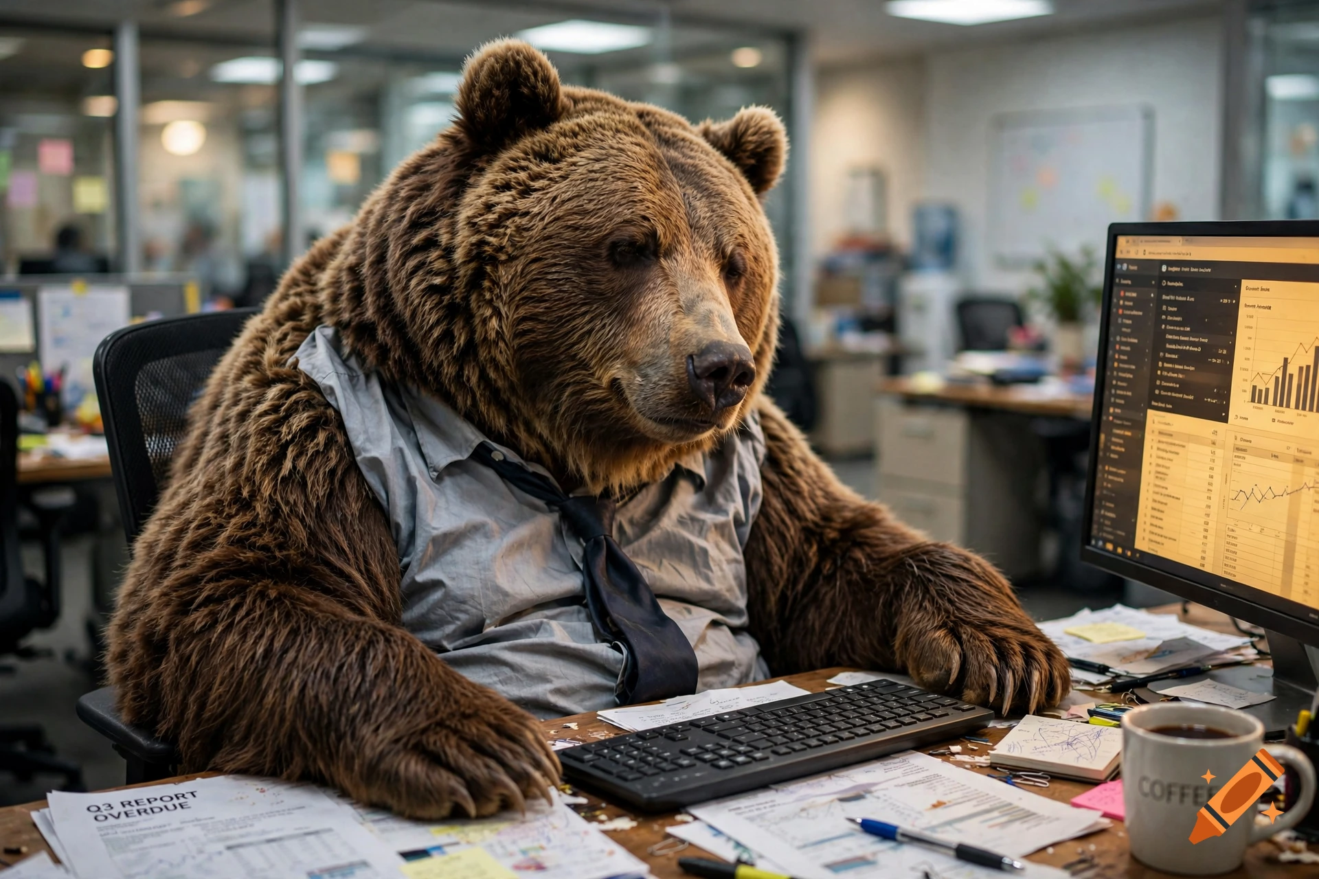 Photorealistic image of a large brown bear wearing a shirt and tie, sitting at an office desk with a computer and keyboard.