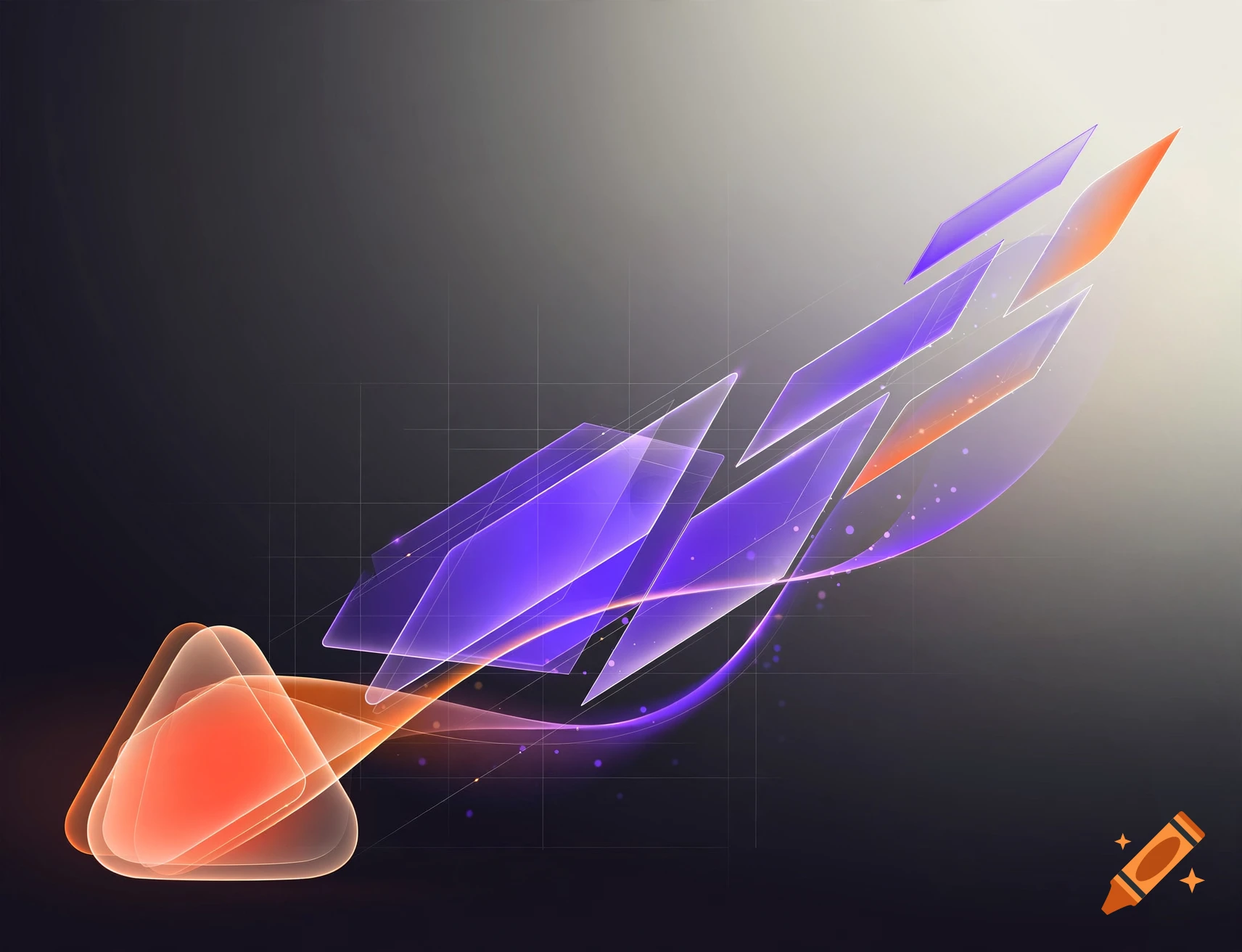 An abstract composition featuring glowing geometric shapes, overlapping translucent orange and purple plates, and thin grid lines on a dark gradient background.
