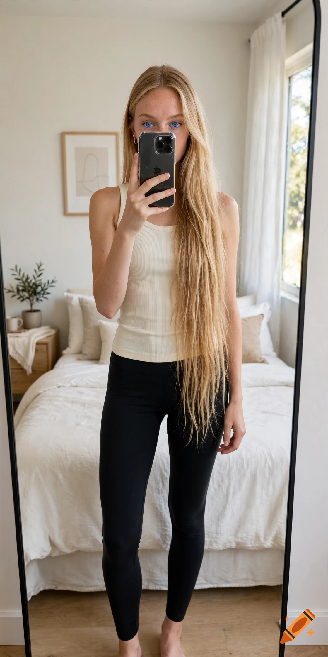 Mirror selfie of a young blonde woman with long hair and blue eyes wearing a white tank top and black leggings.