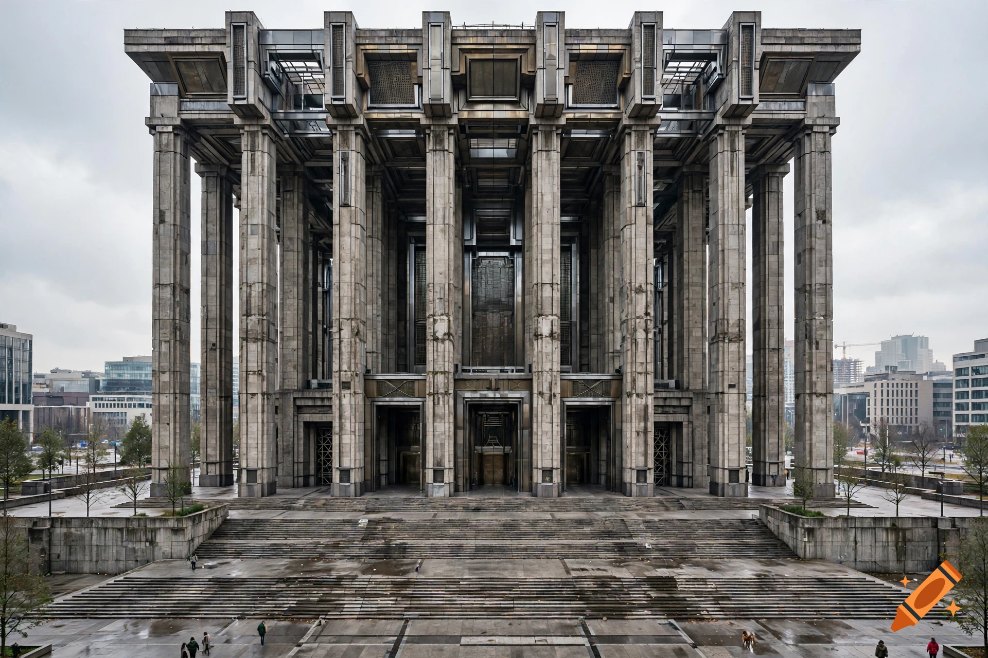 Photorealistic shot of a monumental brutalist architecture building with towering stone pillars and grand staircases.