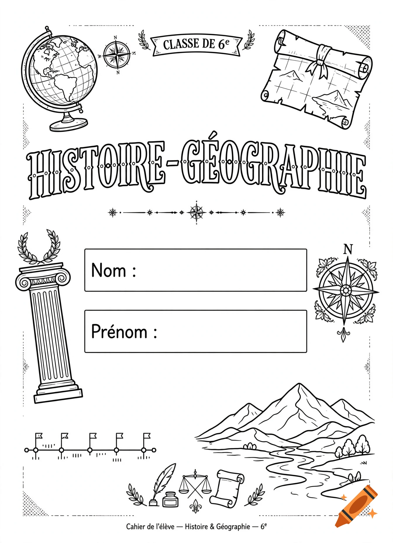Black and white coloring page for a 6th grade history and geography notebook cover.