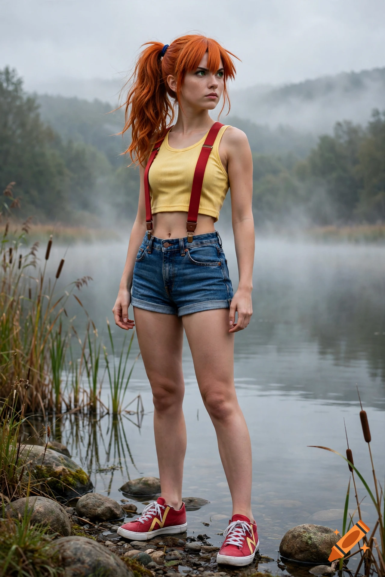 A cosplay portrayal of Misty standing by a misty lakeshore, wearing a yellow crop top, red suspenders, denim shorts, and red sneakers.