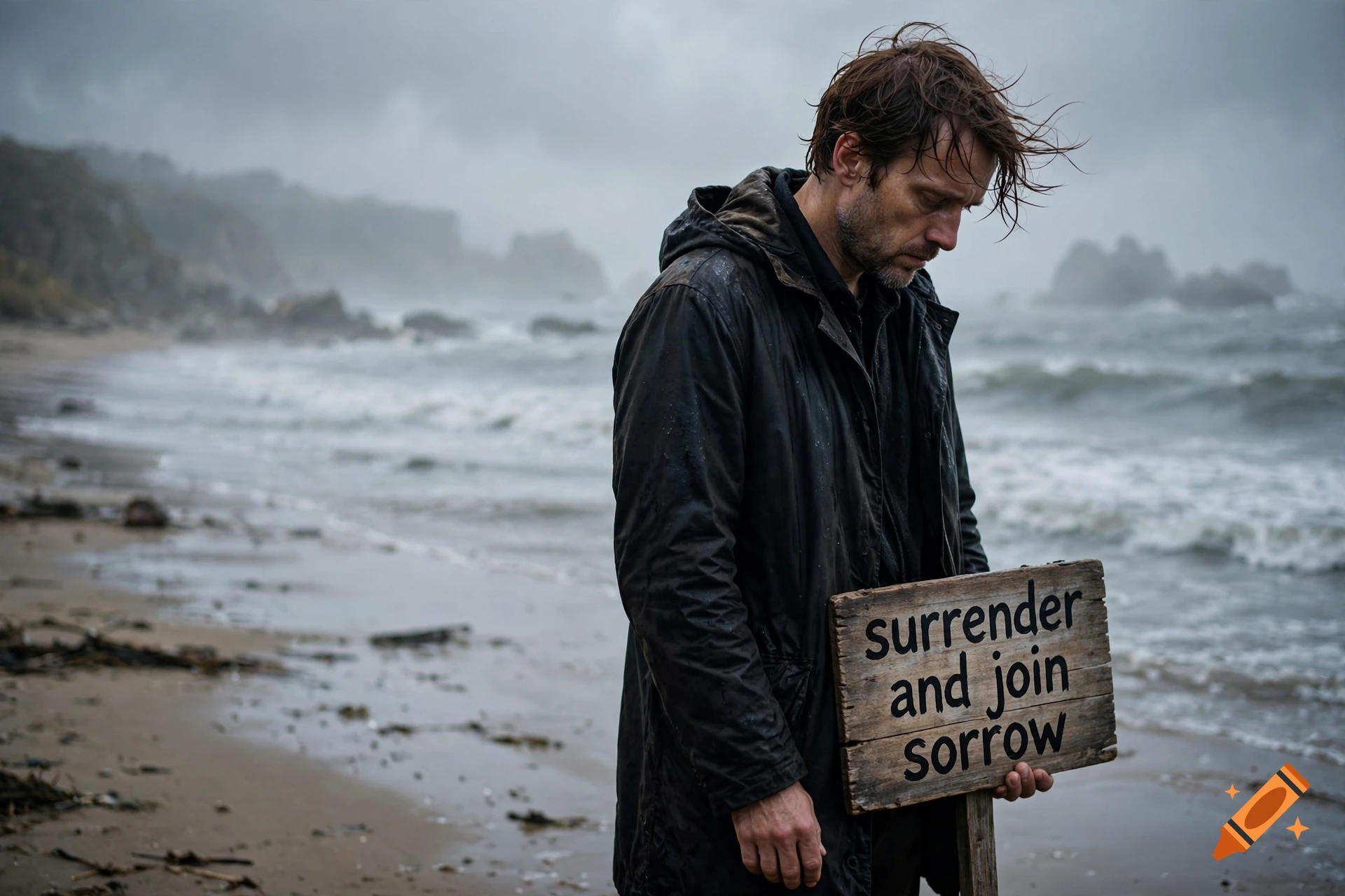 A man in a dark coat stands on a stormy beach, holding a wooden sign that reads surrender and join sorrow, photorealistic.