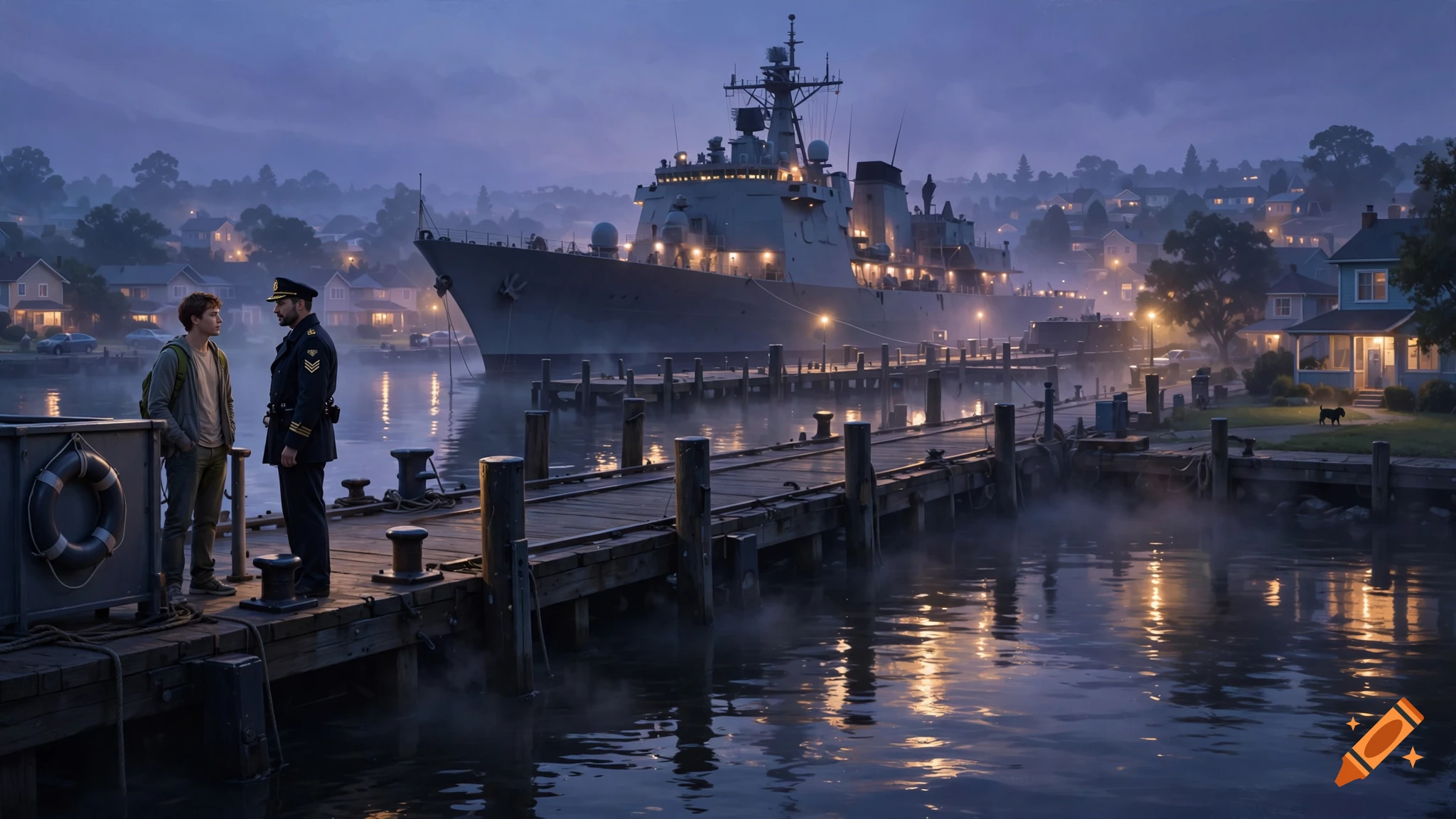 Cinematic illustration of a naval ship moored at a wooden pier at dusk with a suburban neighborhood in the background.