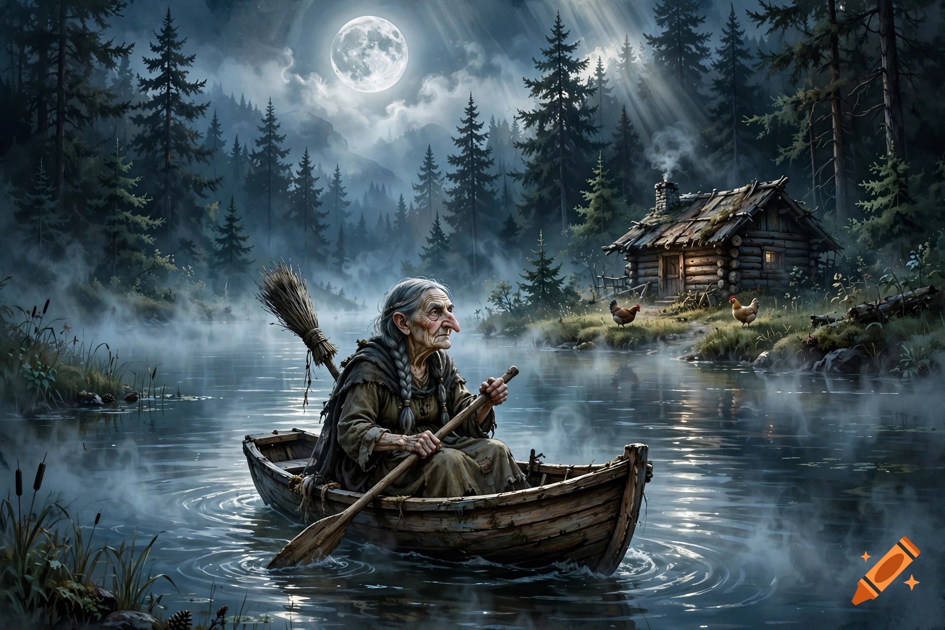 An old witch with a long nose rows a wooden boat on a misty lake under a full moon, with a cabin and chickens on the shore.