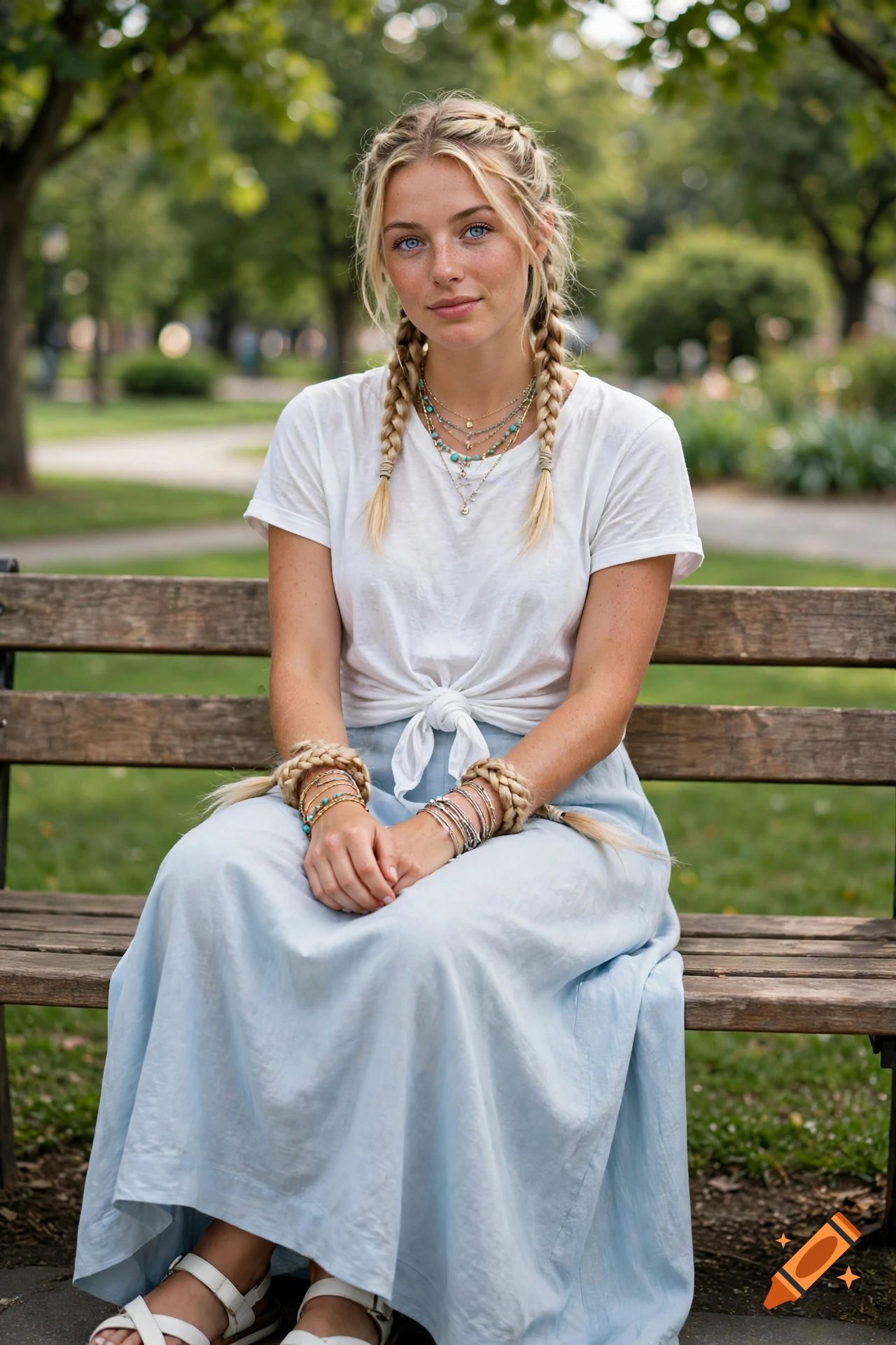 Photorealistic portrait of a young blonde woman with braided hair, blue eyes, and freckles, sitting on a wooden park bench wearing a white t-shirt and light blue skirt.