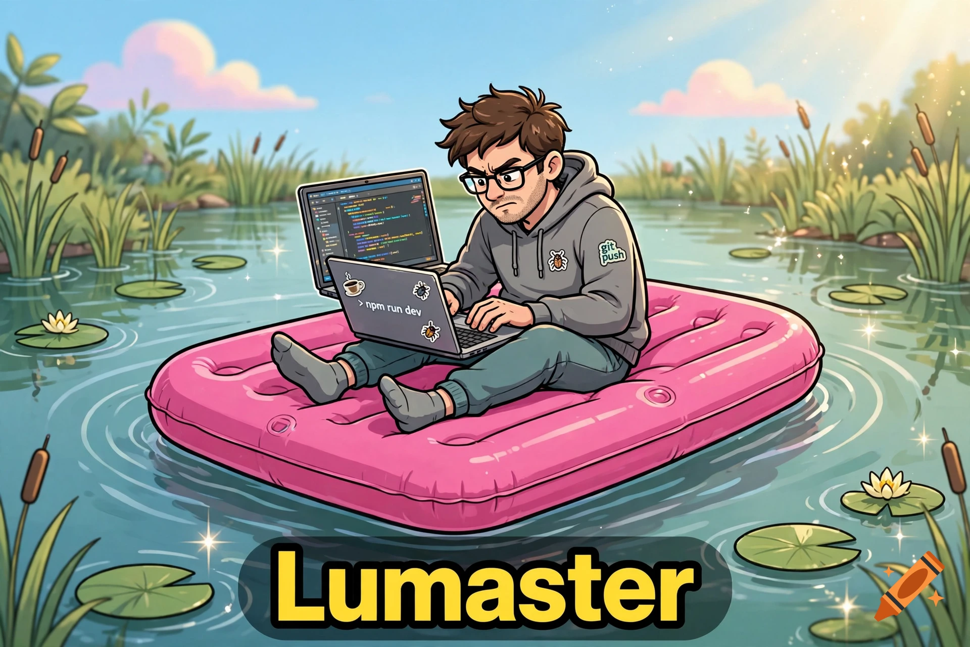 Cartoon illustration of a software developer working on a laptop while floating on a pink air mattress in a pond, with caption Lumaster.