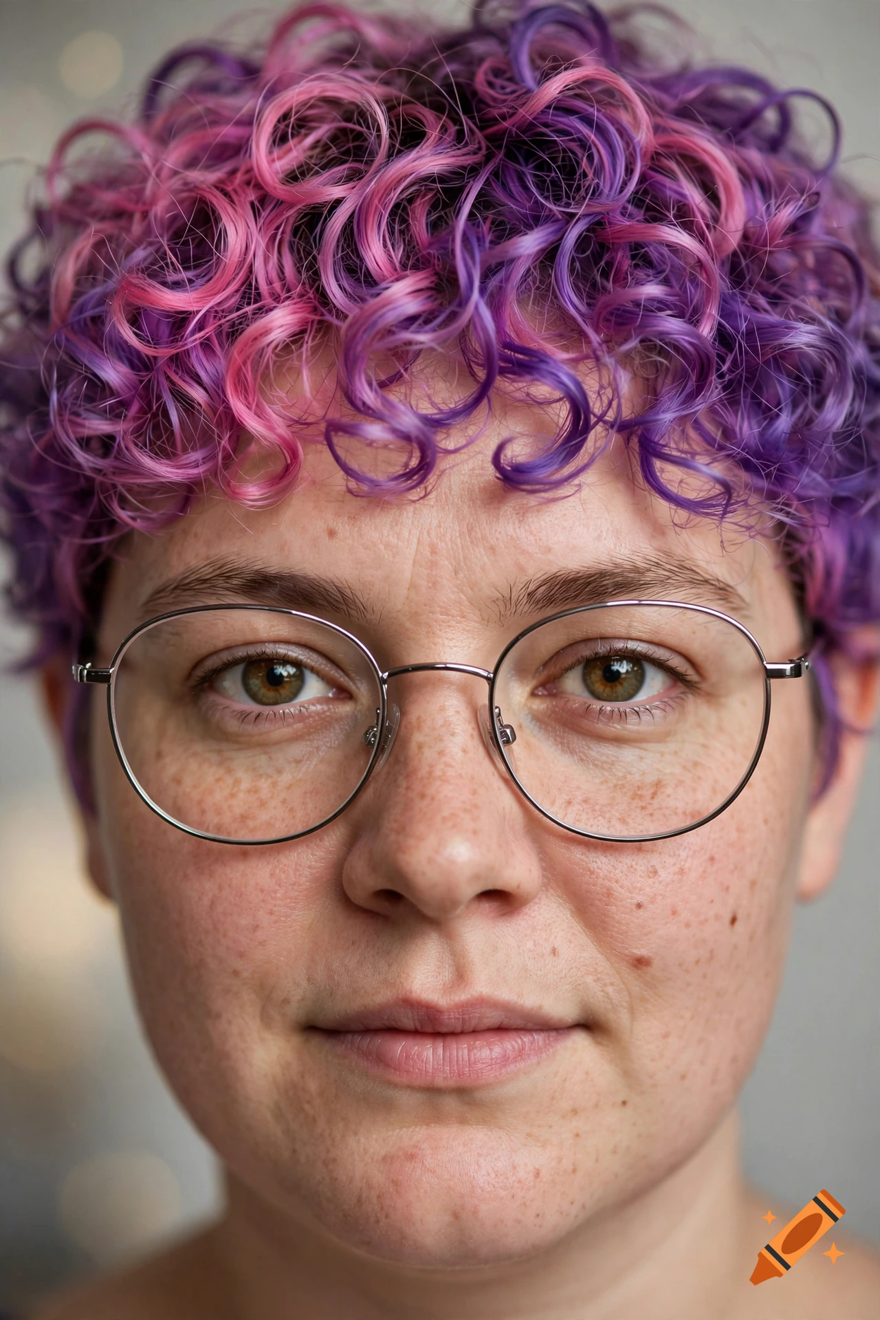 Close-up photorealistic portrait of a person with short curly pink and purple hair, hazel eyes, freckles, and round glasses.