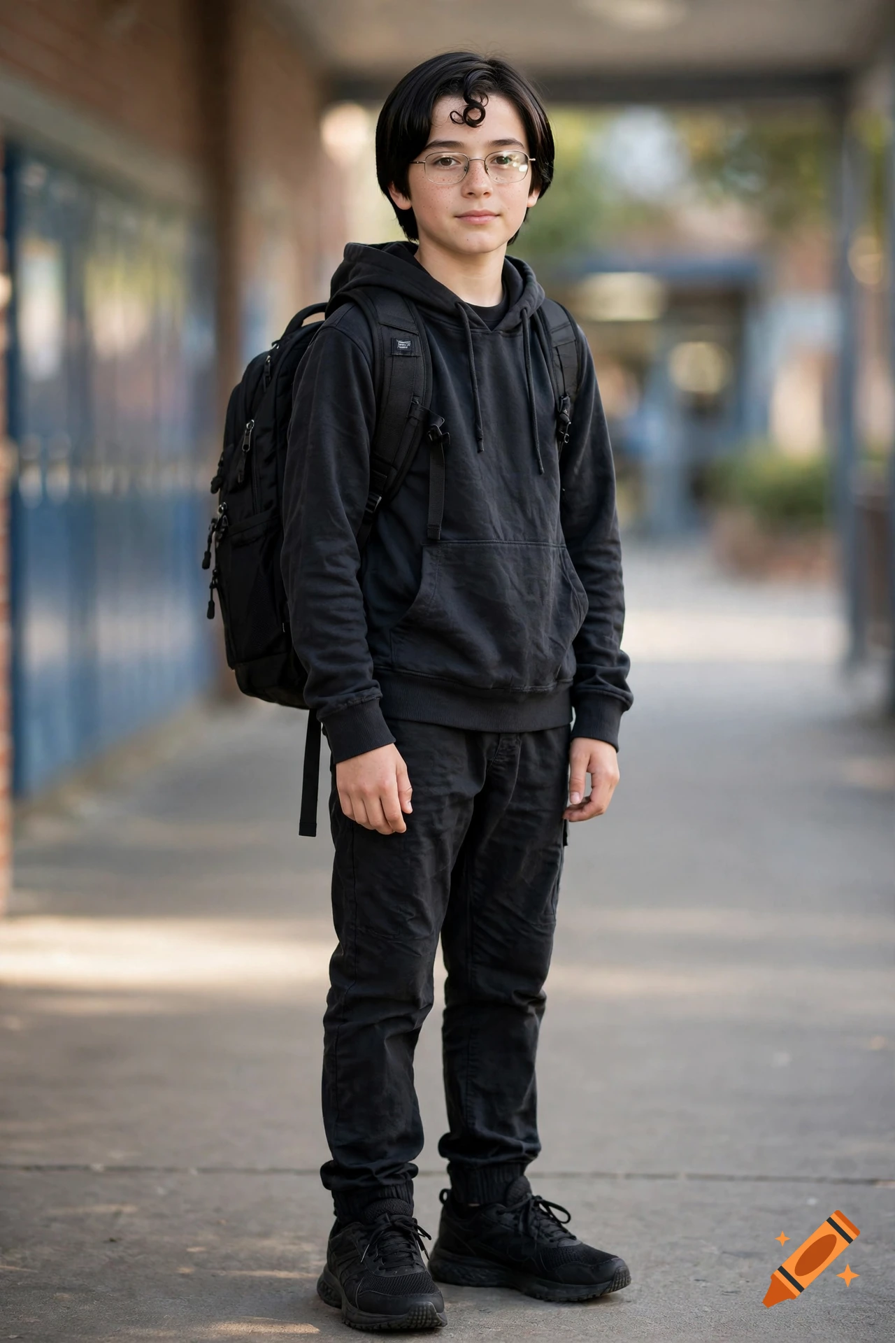 Photorealistic full-body portrait of a young boy with black hair, glasses, and a black hoodie with a backpack, standing in a school hallway.