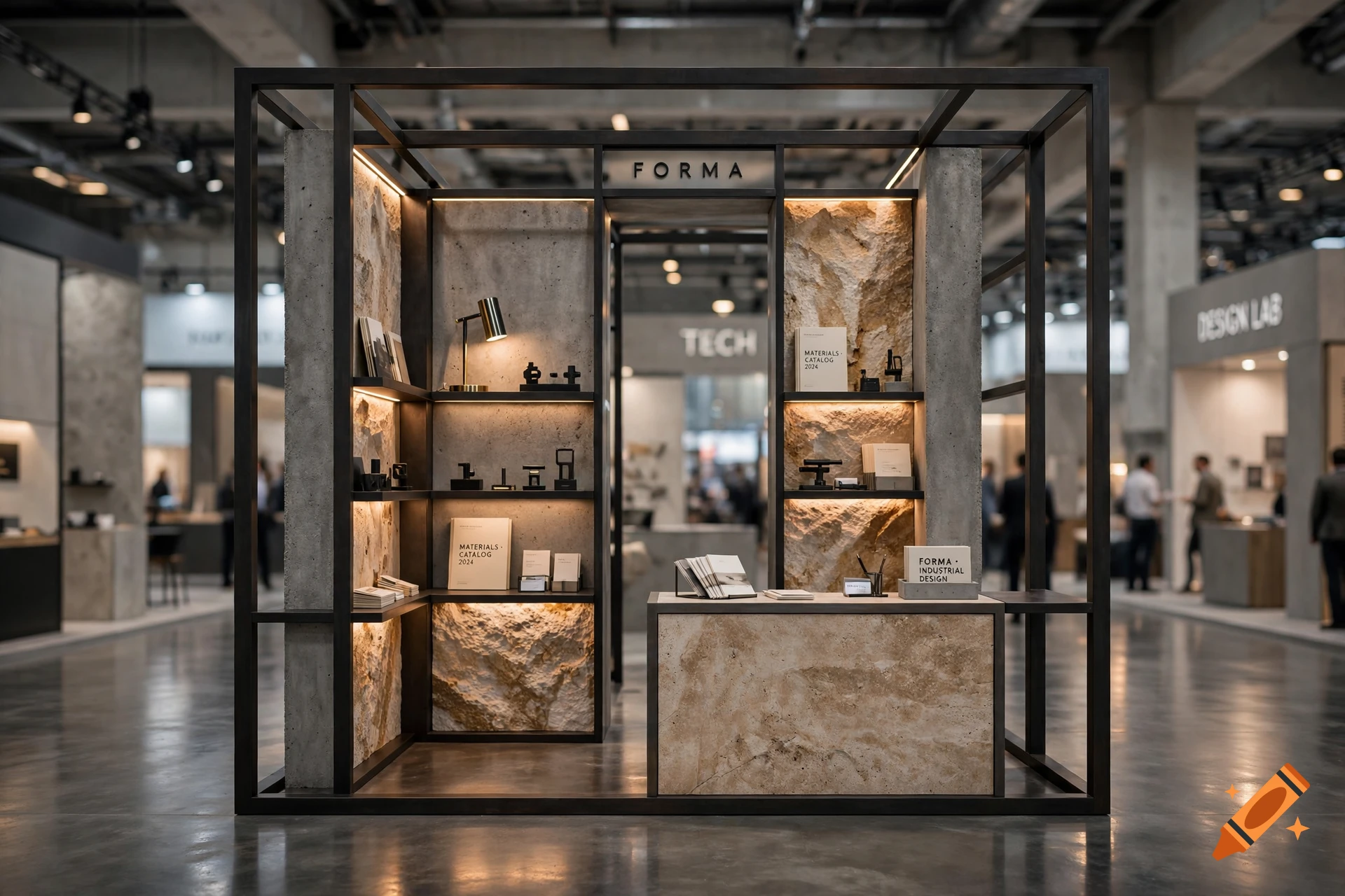 Photorealistic trade fair booth made of metal, exposed concrete, and natural stone with lit shelving and a desk.