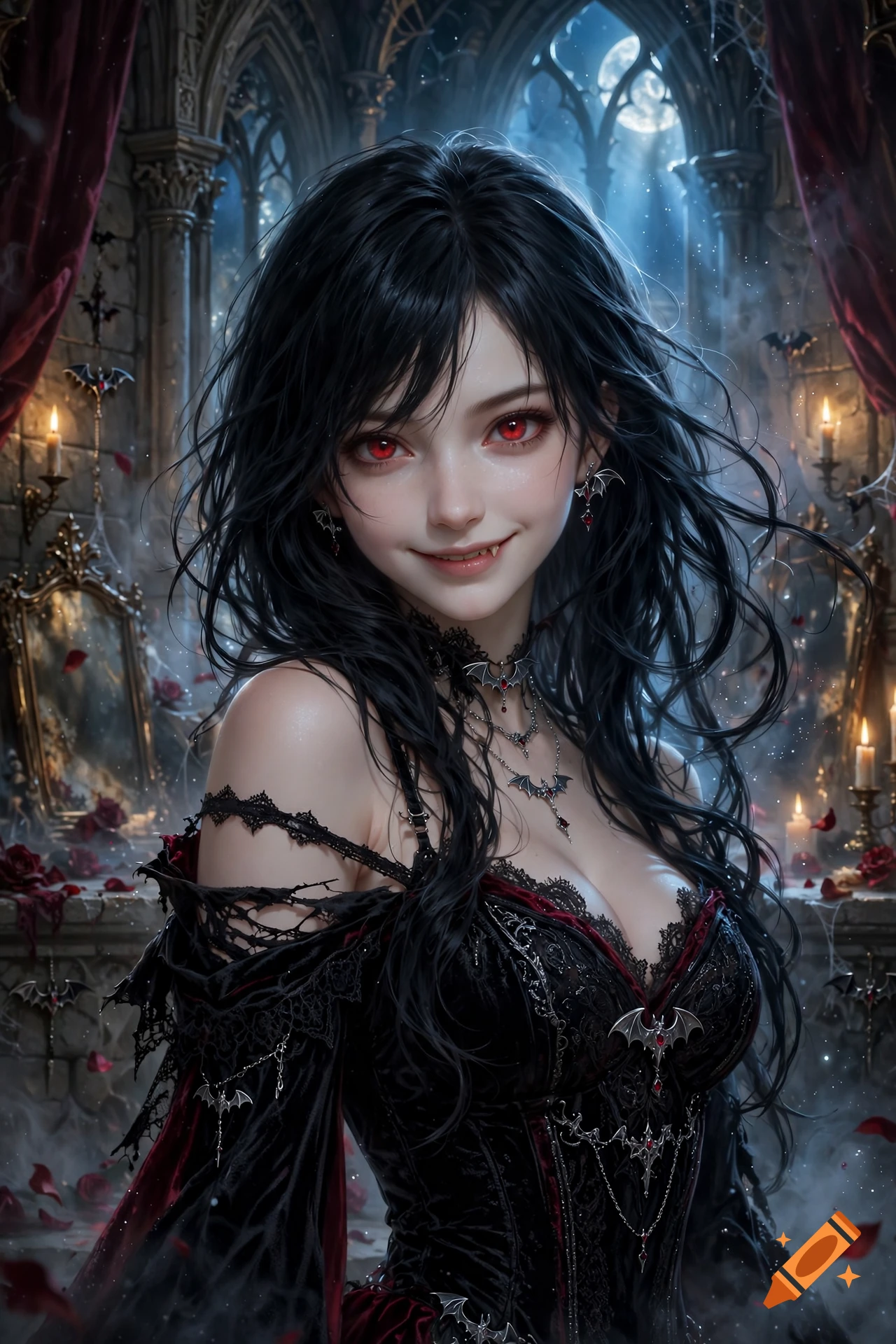 Digital illustration of a cute gothic vampire girl with black hair and red eyes in a castle setting.