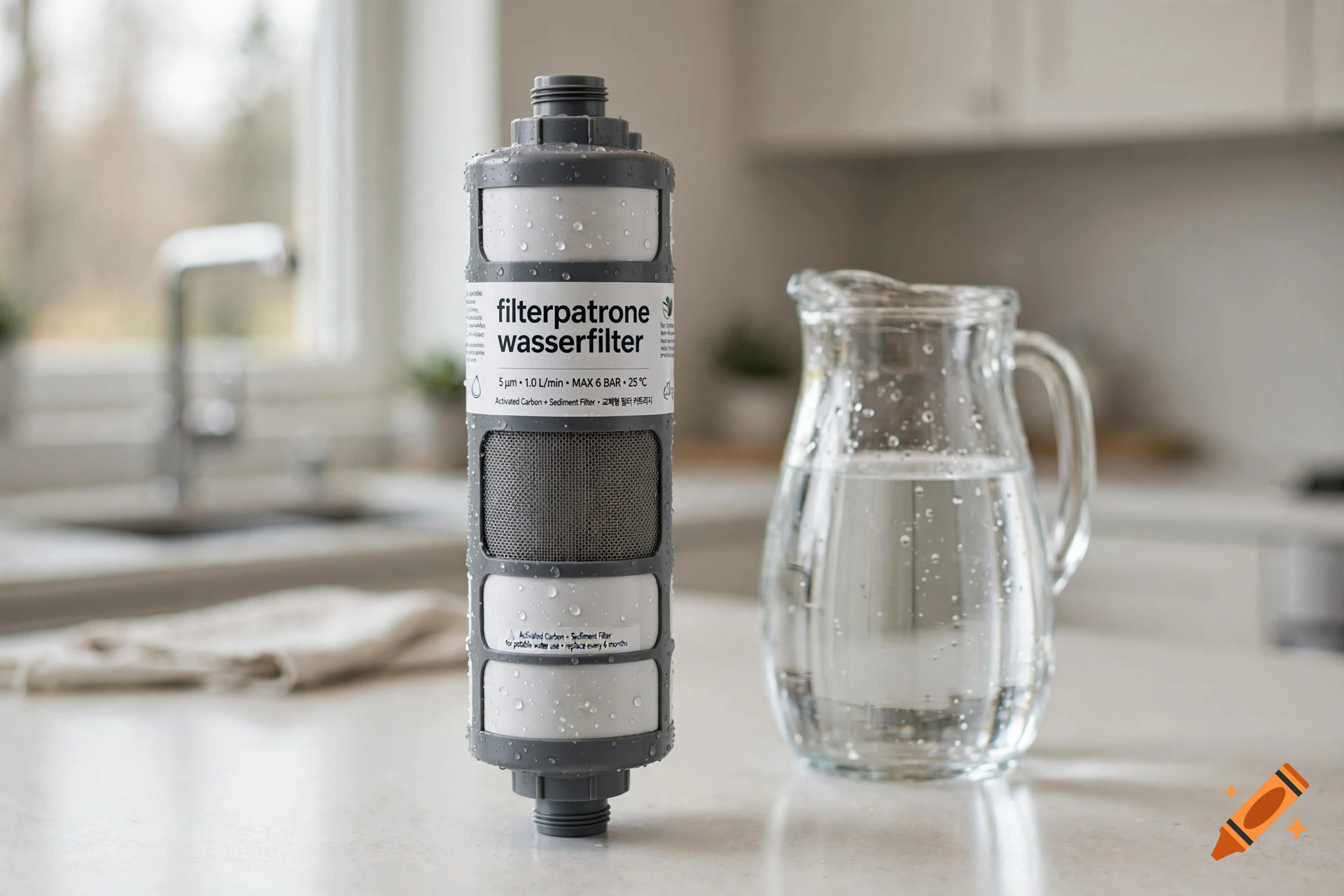 Photorealistic image of a water filter cartridge and a glass pitcher on a kitchen counter.