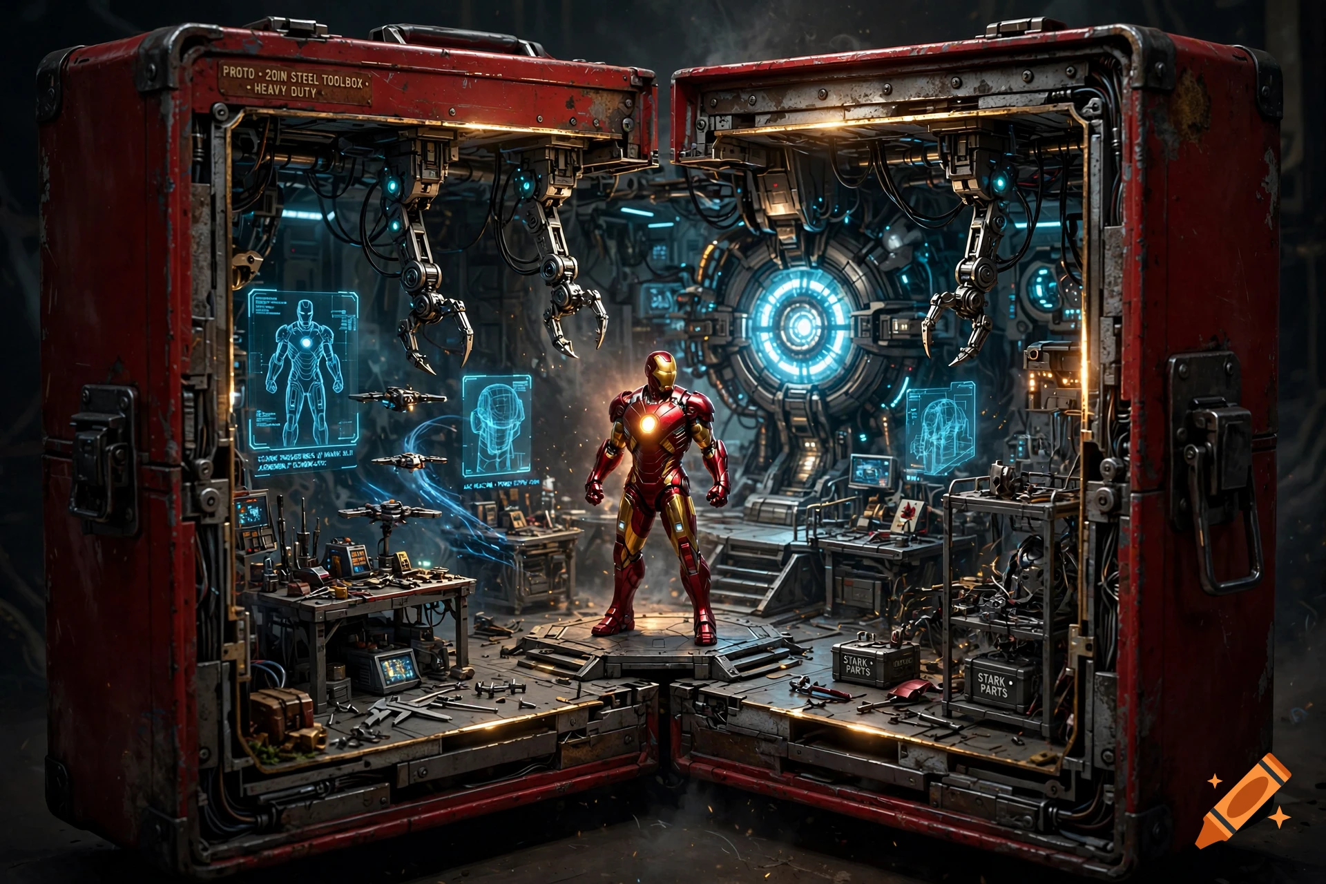 An open red toolbox revealing a high-tech Iron Man laboratory and suit inside, photorealistic style.