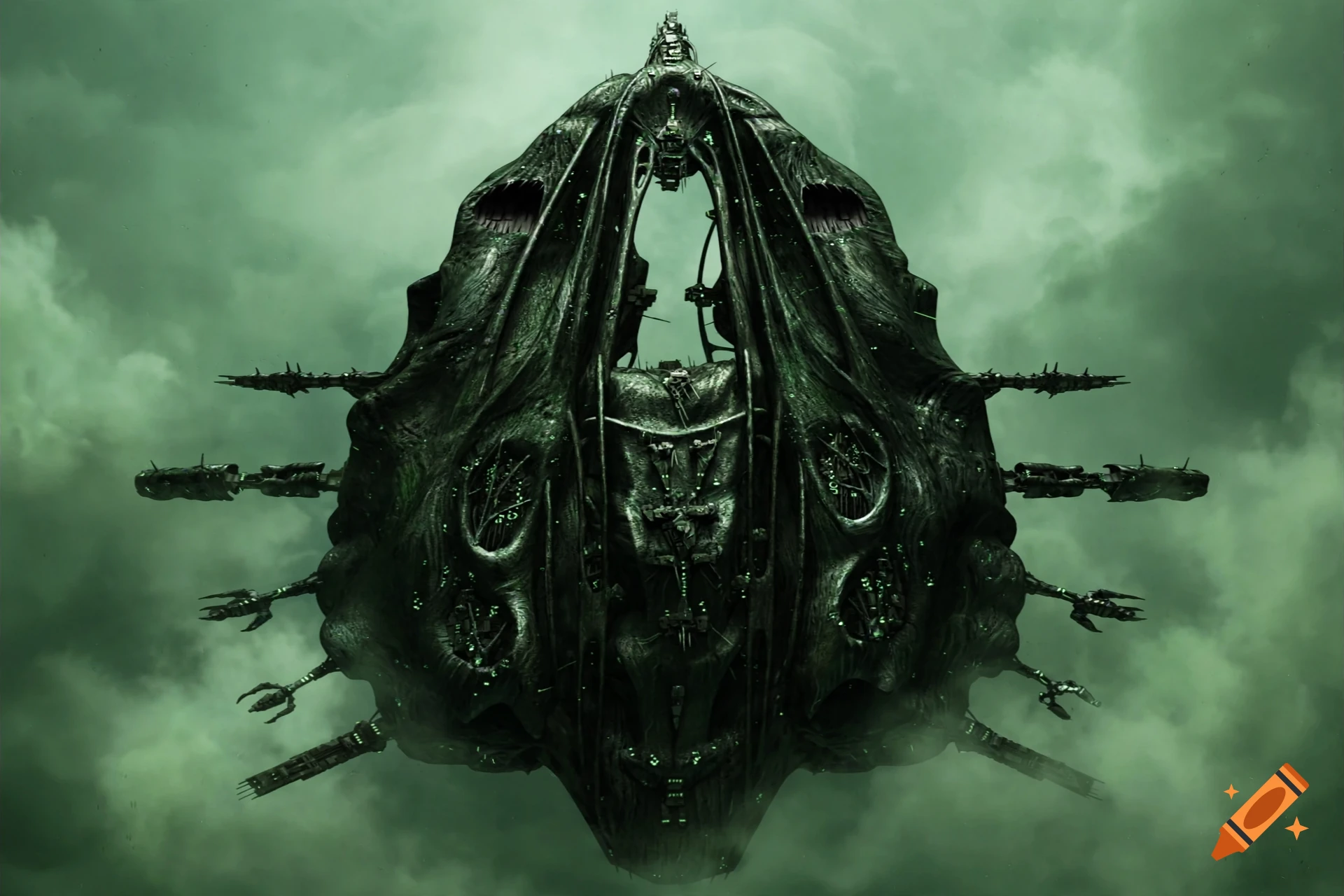 An organic, biological alien spaceship resembling a Wraith Hive Ship floating against a green, cloudy sky.