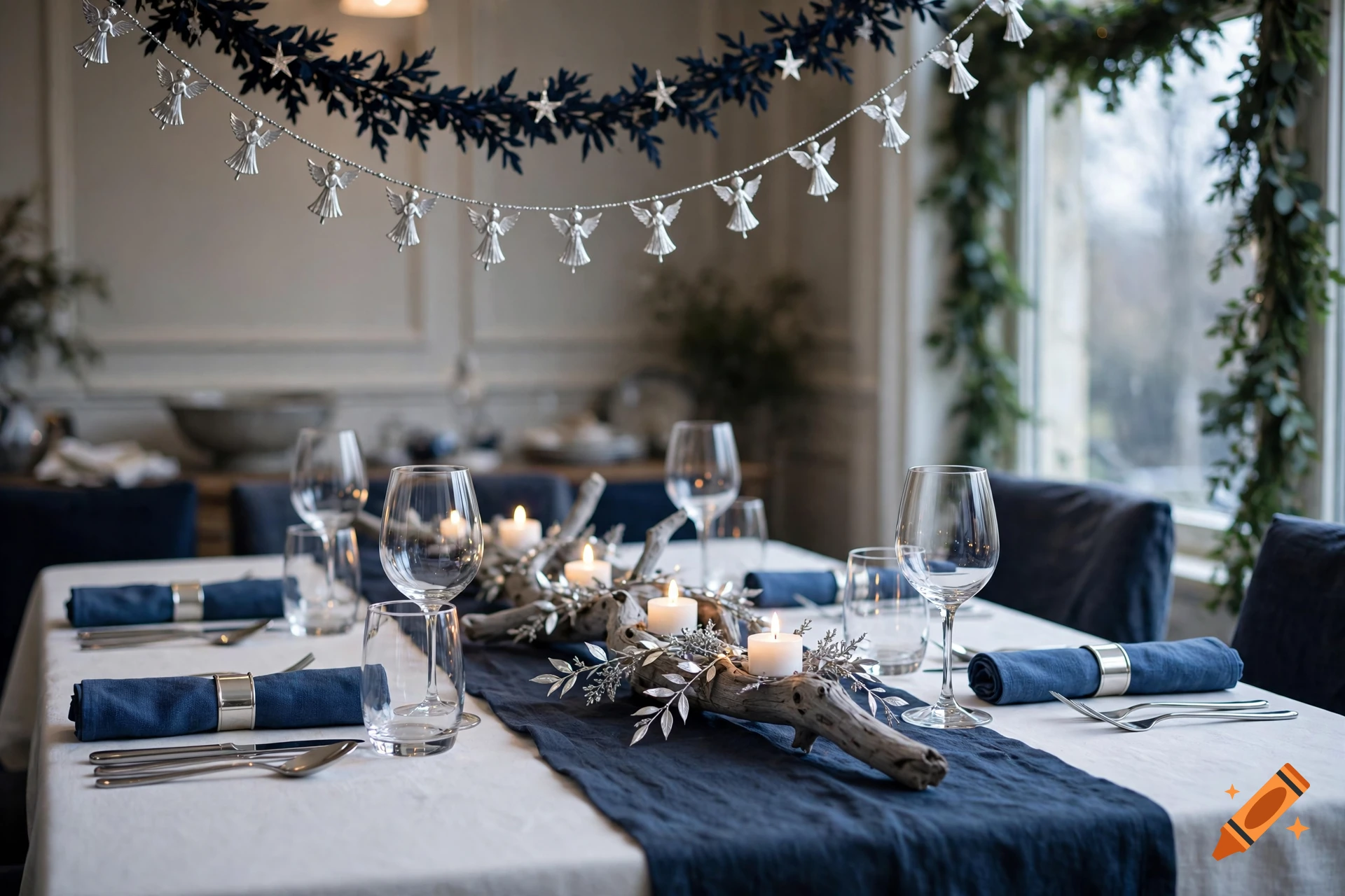 Photorealistic dining table decorated for Christmas with a blue runner, candles, and hanging angel garlands.