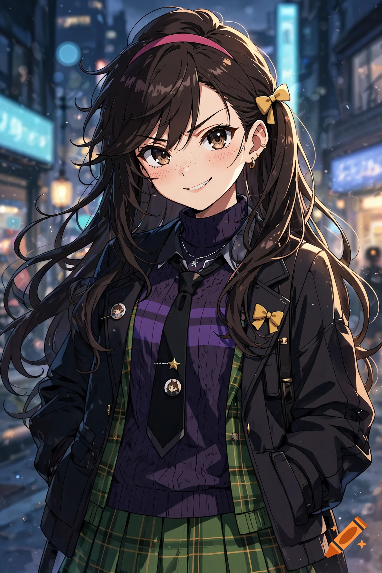 Anime style illustration of a smiling girl with dark brown hair, freckles, and yellow hair bows, wearing a school uniform and dark jacket in a city at night.