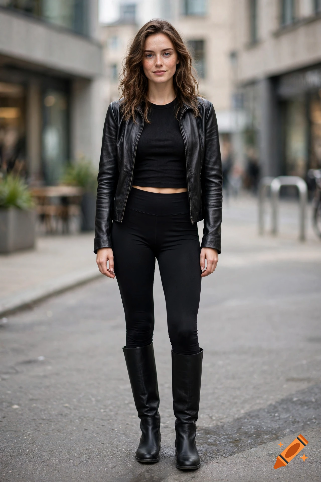 Photorealistic full-body shot of a 20-year-old woman in a black crop top, leather jacket, leggings, and boots on a city street.