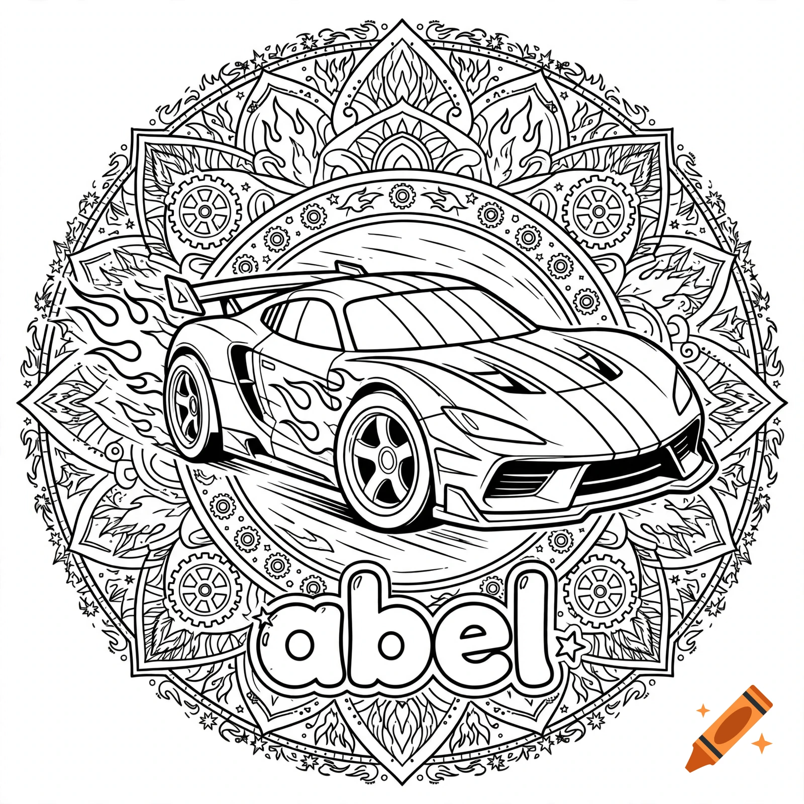 Black and white coloring page of a sports car with flames inside a mandala circle, with the name abel below.