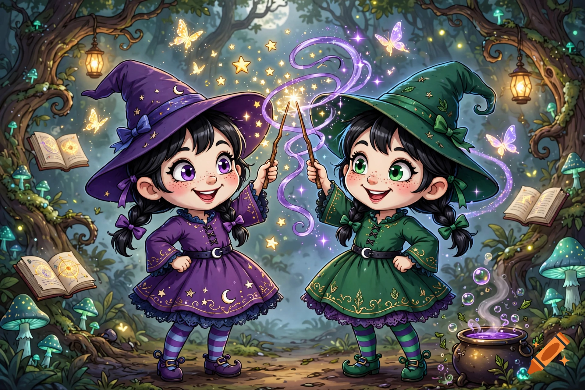 Two cute cartoon witch twins in a magical forest casting spells with wands.