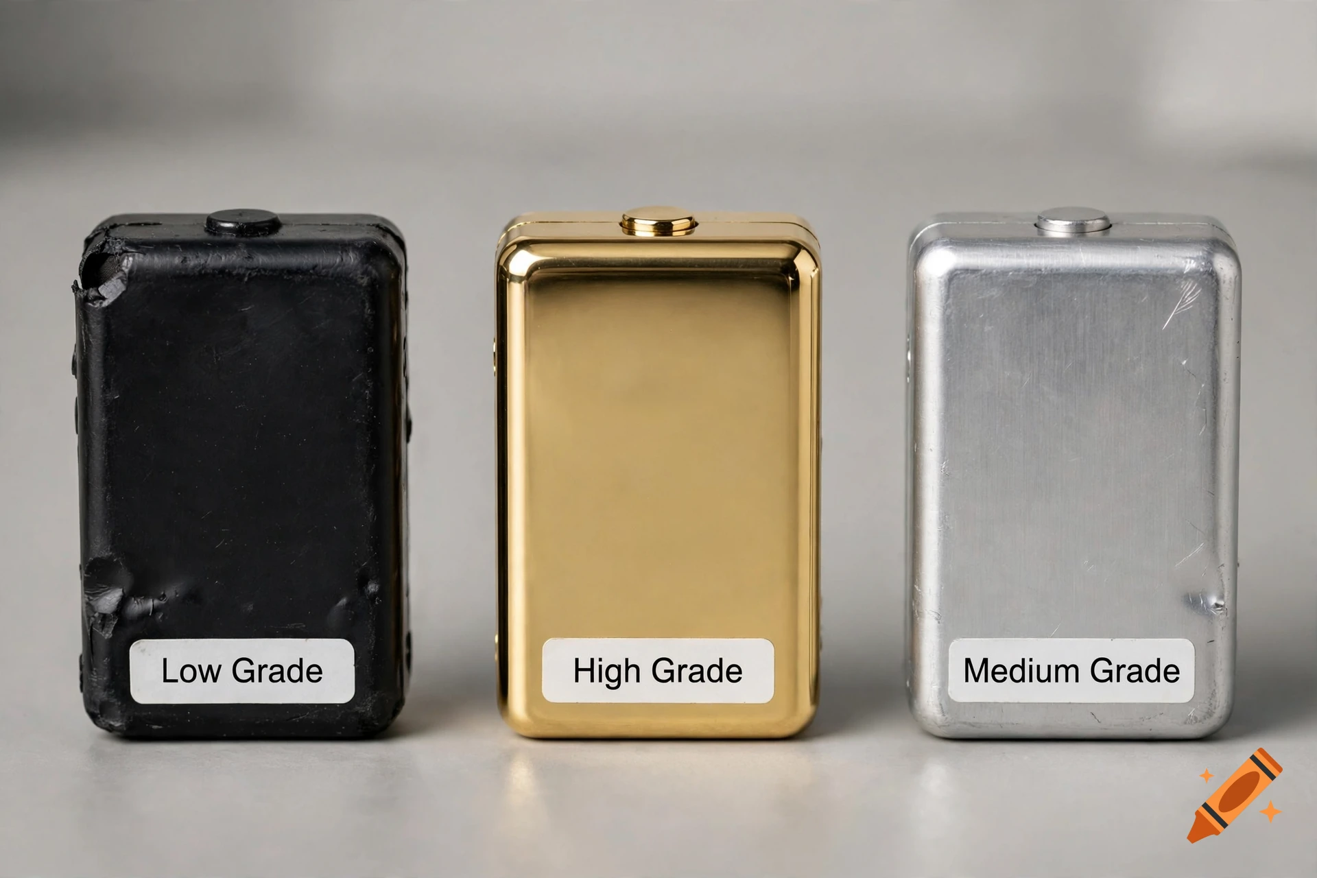 Three rectangular electronic devices labeled Low Grade, High Grade, and Medium Grade, in black, gold, and silver finishes respectively.