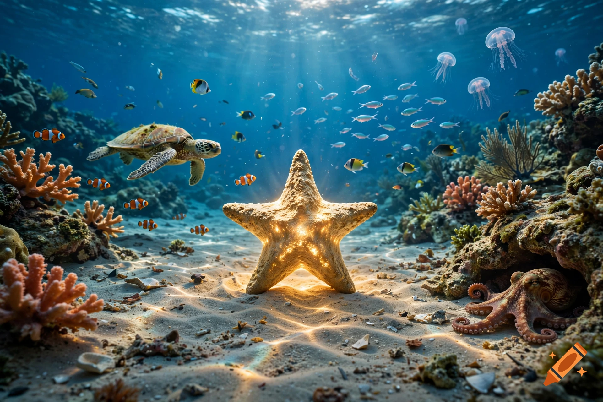 Photorealistic underwater ocean scene with a glowing starfish in the foreground, surrounded by coral reefs, fish, a sea turtle, and jellyfish.