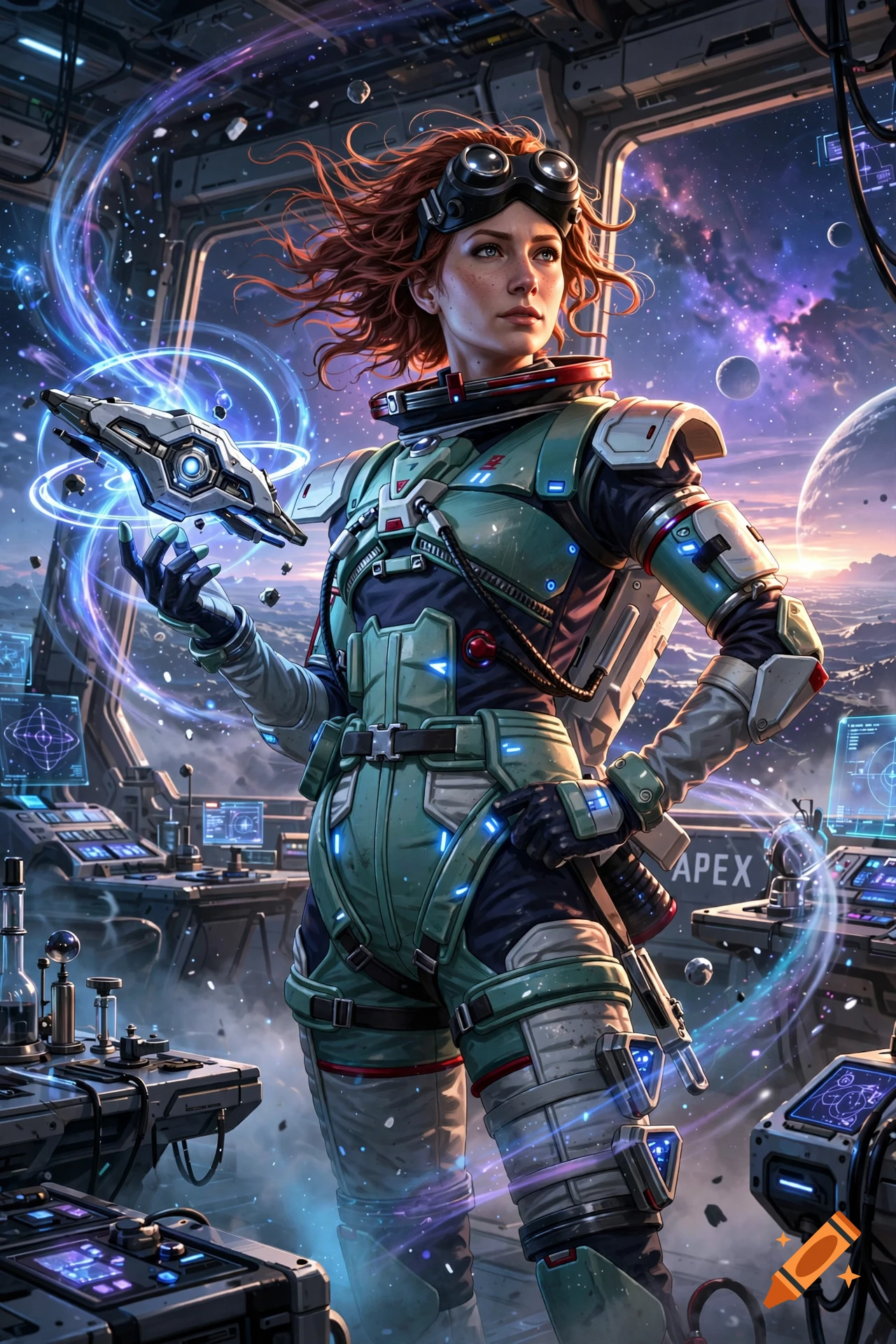 Digital illustration of the character Horizon from Apex Legends in a futuristic spaceship cockpit, holding a holographic device.