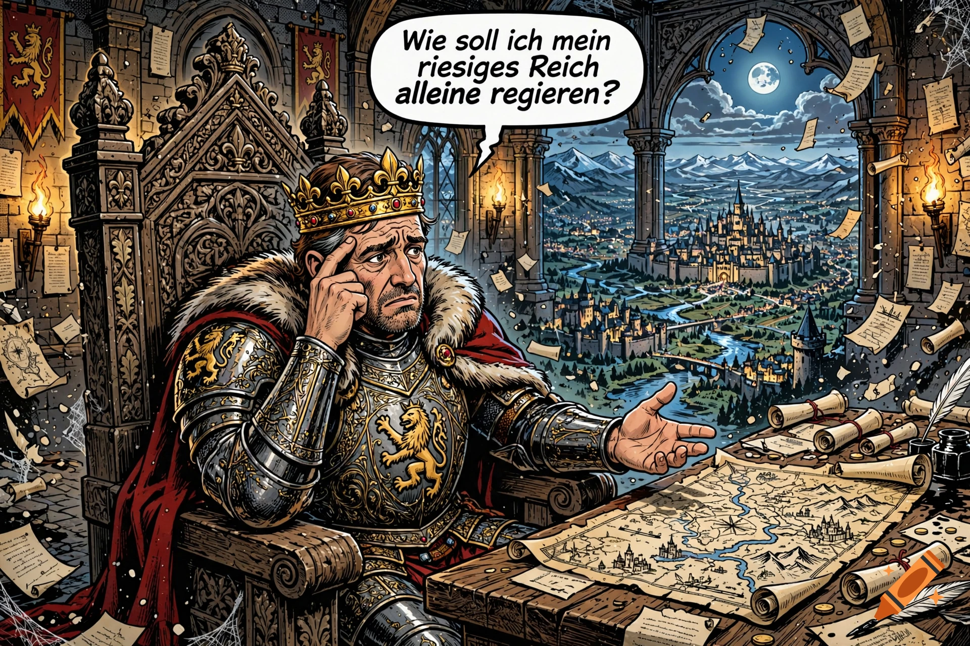 Comic illustration of a medieval king sitting on a throne, pondering how to rule his vast empire, with a castle and mountains visible through a window.