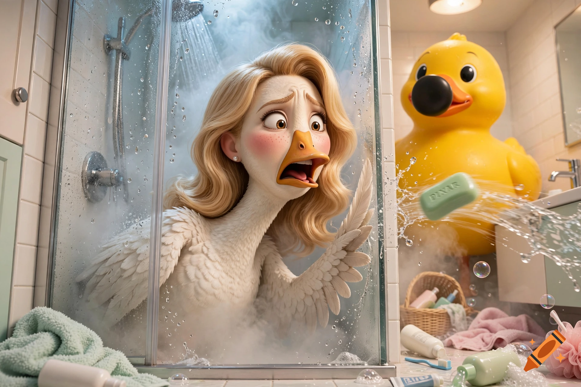 3D Pixar-style render of a frightened goose-woman trapped in a glass shower with a giant rubber duck outside.