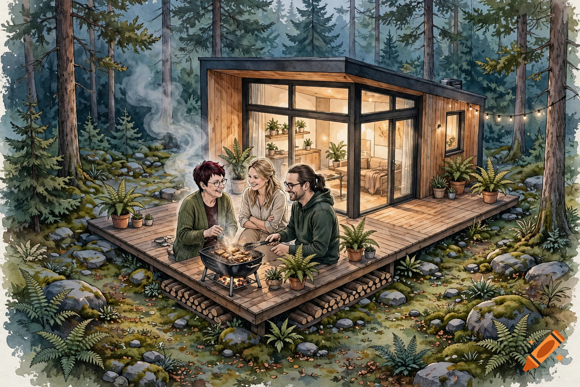 Illustrated drawing of three people having a barbecue on the wooden terrace of a modern cabin in a forest.