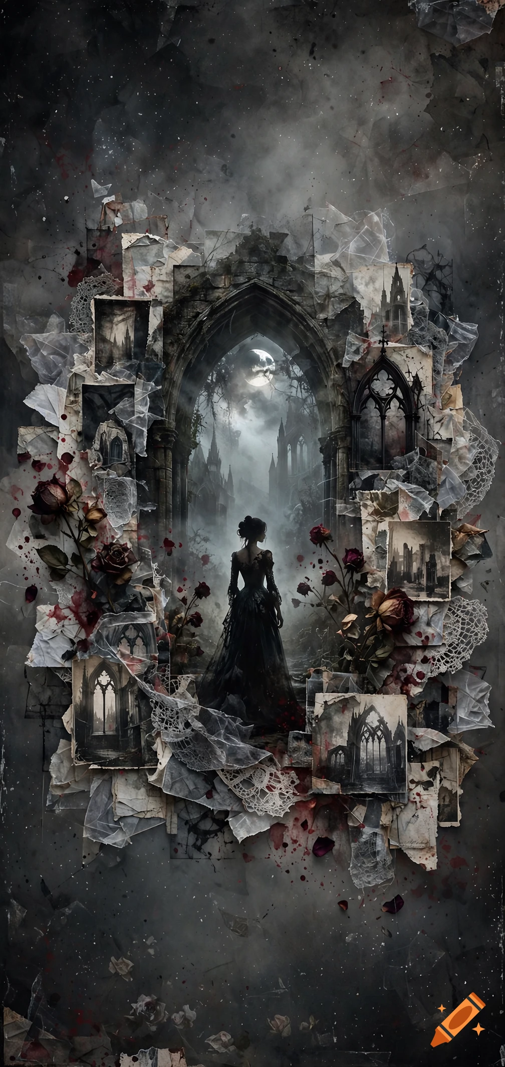 Gothic collage wallpaper featuring a woman in a black dress standing before a dark archway surrounded by torn paper, lace, and red roses.