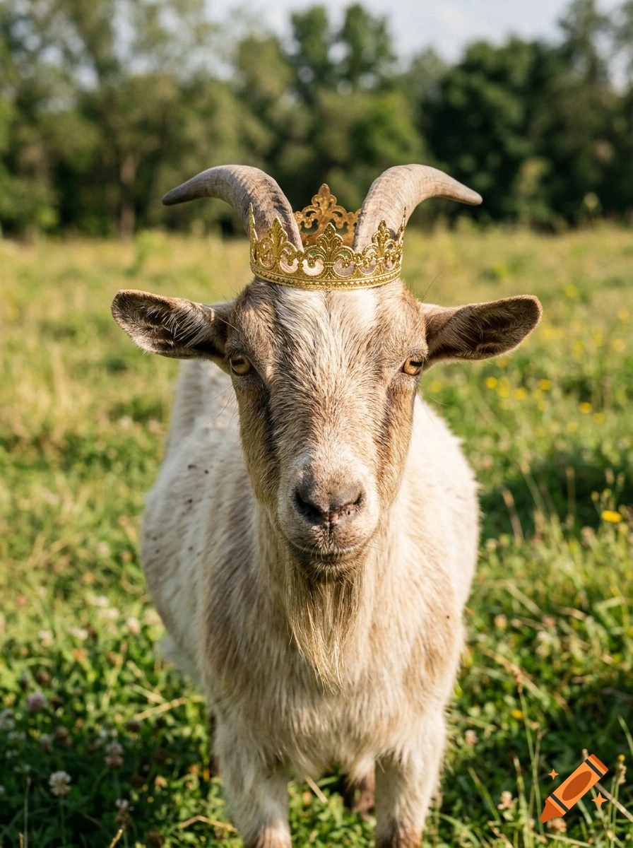 Photorealistic image of a goat wearing a gold crown in a grassy field.