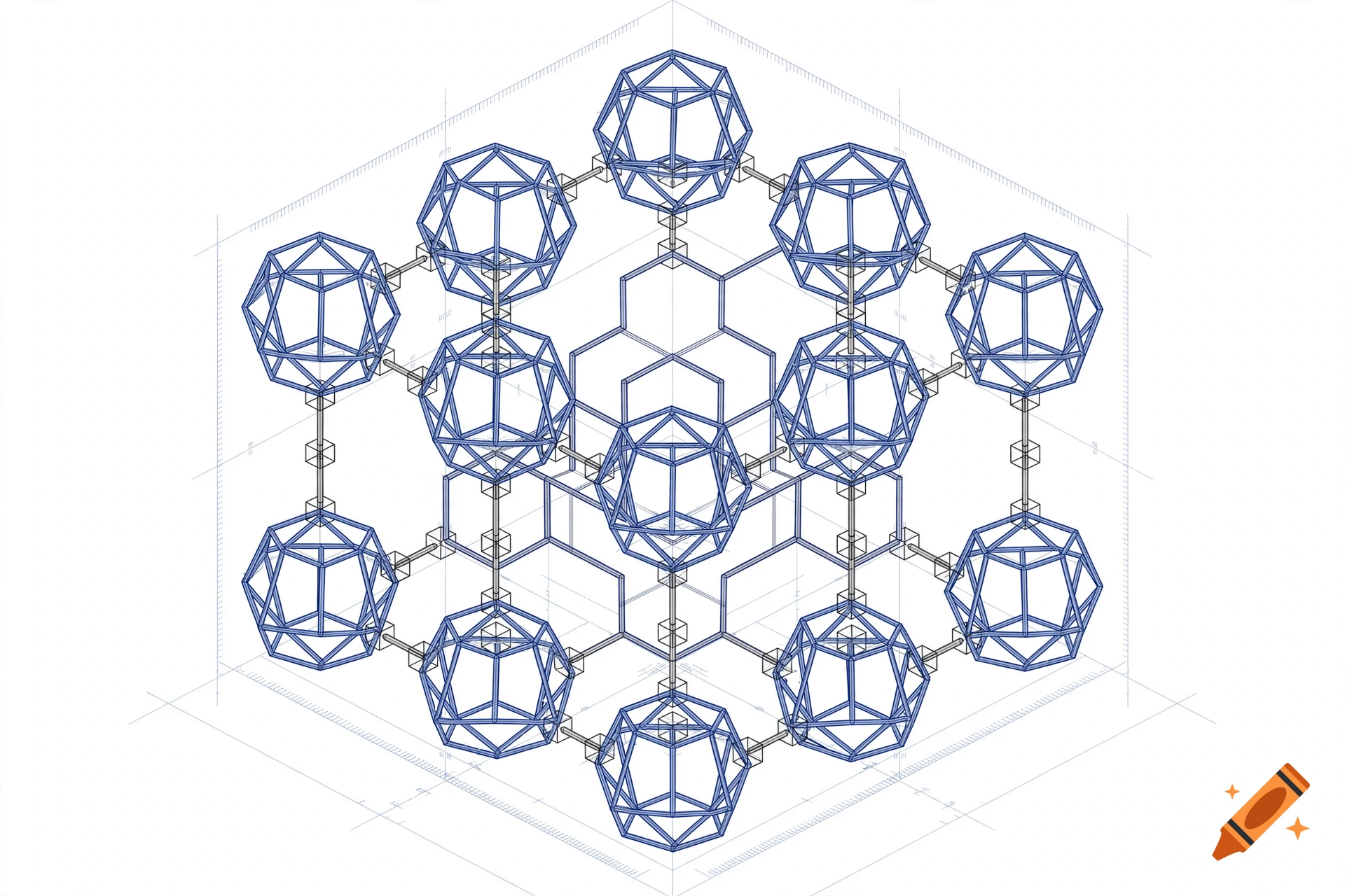 Isometric 3D vector blueprint of a zeolite crystal framework with blue and gray wireframe lines.