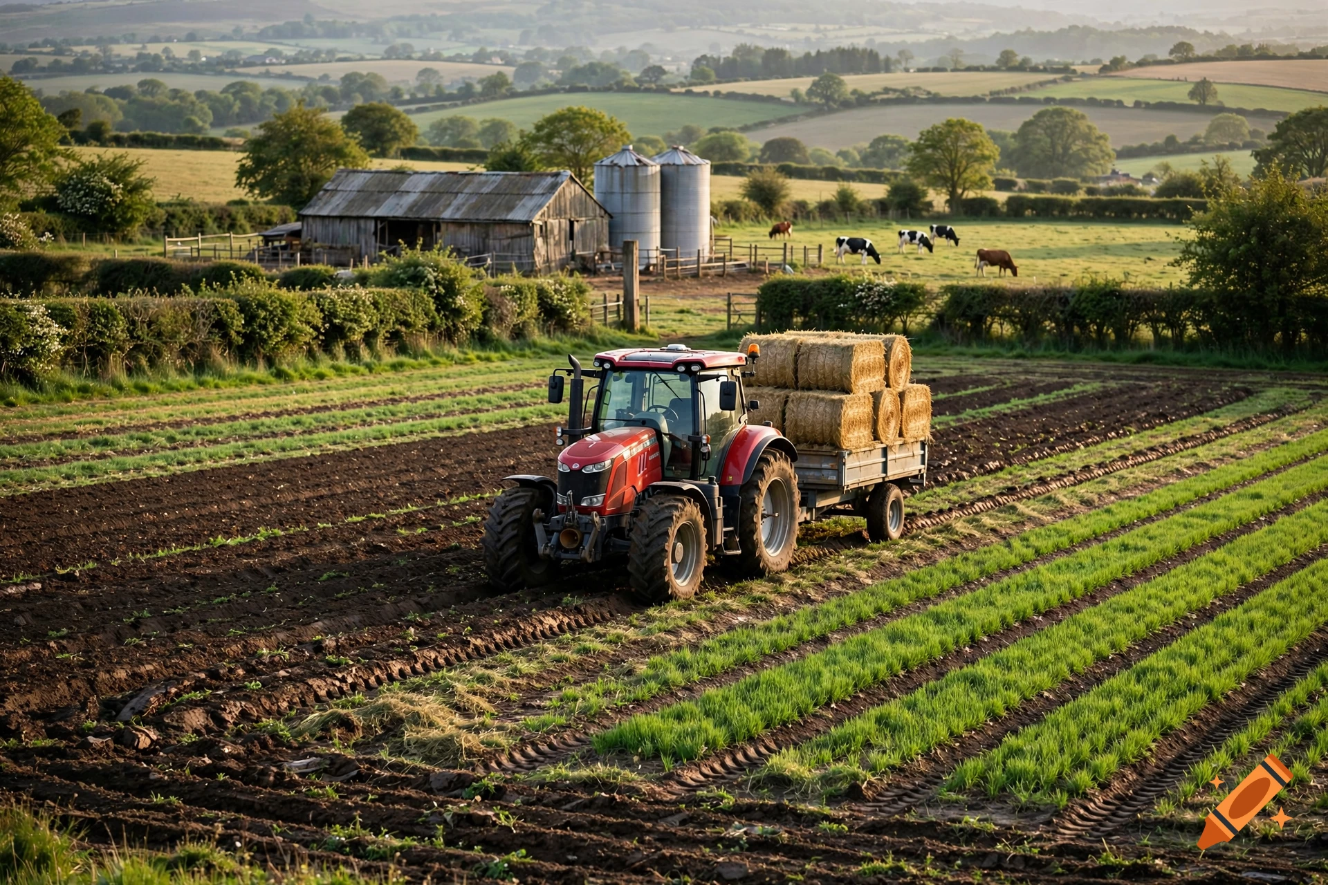 Photorealistic image of a red tractor pulling a trailer loaded with hay bales through a plowed field in a rural countryside.