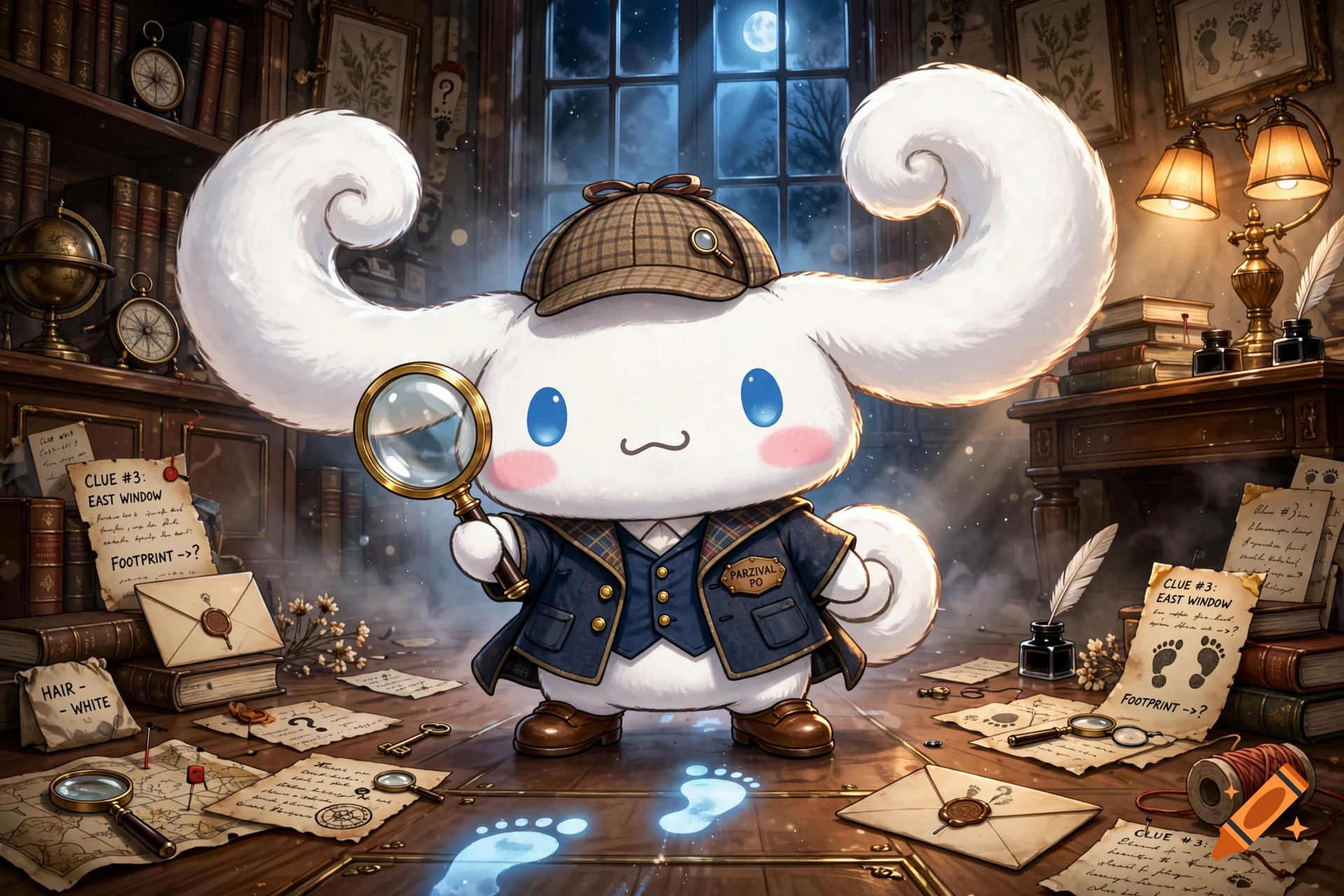 Cinnamoroll styled as a detective holding a magnifying glass in a cluttered study with glowing footprints on the wooden floor.